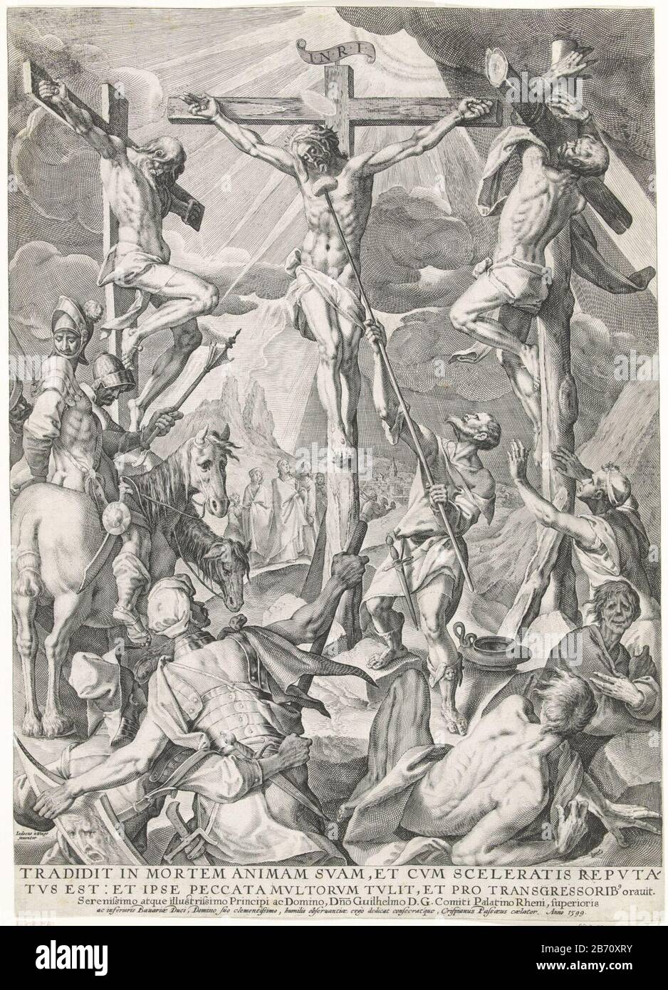 Kruisiging van Christus la crucifixion du Christ sur le mont Calvaire. A gauche et à droite de lui, les criminels ont crucifié avec lui. Stefanton tient l'éponge pour le visage du Christ. Au premier plan, plusieurs spectateurs et spectateurs. À l'arrière-plan sont Mary Magdalene, Mary et St. John. En marge d'une équipe de quatre lignes, avec une mission dans le Latijn. Fabricant : printmaker: Crispijn de Passe (I) (bâtiment classé), conçu par: Joos van Winghe (bâtiment classé) Par: Crispin de Passe (I) (bâtiment classé) dédié à: William V, duc de Bavière (propriété cotée) Lieu de fabrication: Colo Banque D'Images