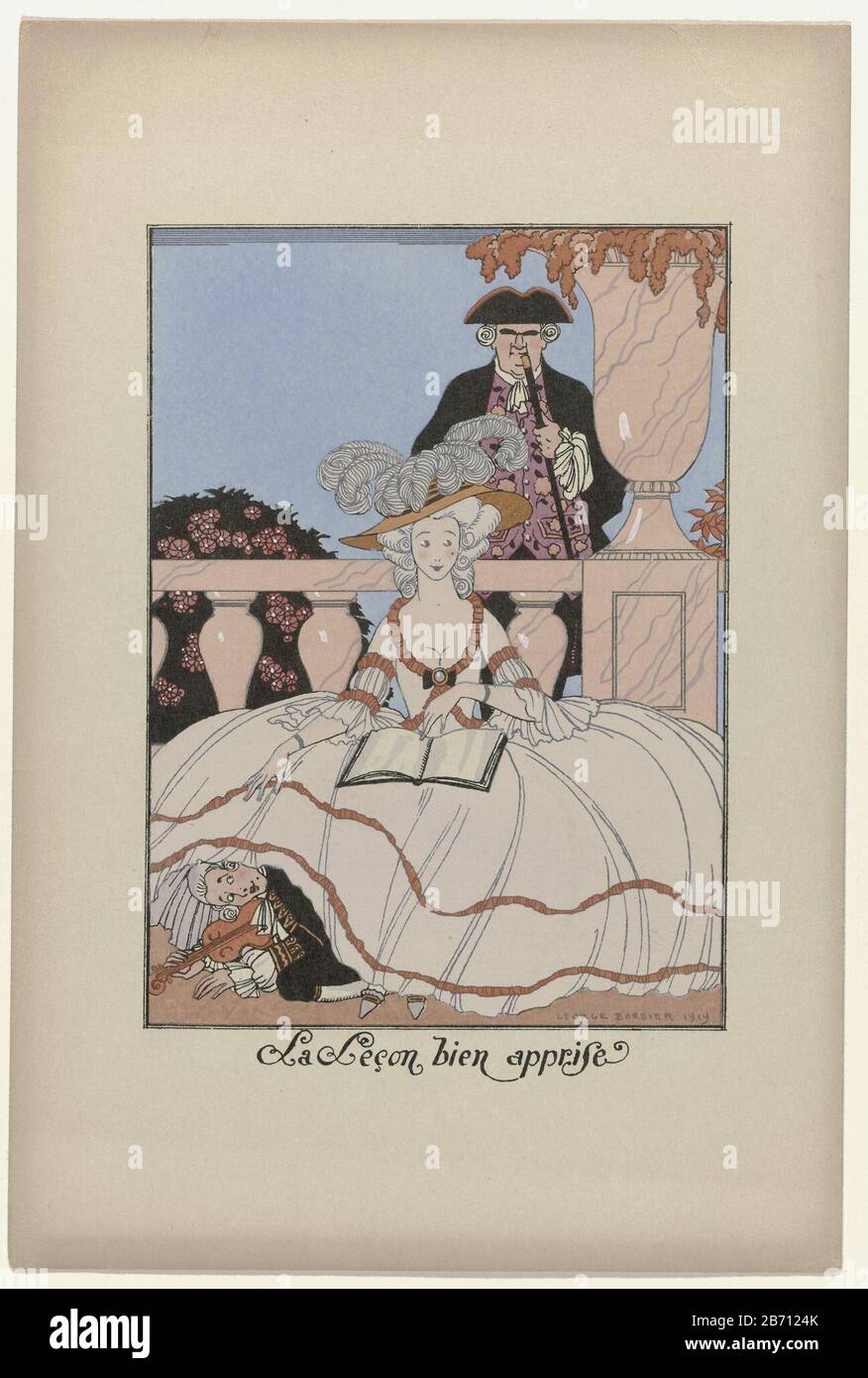 Une femme, assise sur une rampe dans une robe du XVIIIe siècle. Parmi sa large jupe se trouve un musicien avec violon. En arrière-plan, un homme âgé dans un gilet à motif fleuri. L'imprimé est Où: Apparemment une partie de l'almanach la Guirlande des mois (1917-1920) George Barbier. Fabricant : conçu par George Barbier (bâtiment classé) printmaker: Anonyme Date: 1919 Caractéristiques physiques: Lithographie, gabarits et matériel de couleur manuelle: Technique du papier: Lithographie (technique) / Pochoeur / Dimensions de couleur de la main: Feuille: H 283 mm × W 189 mm Sujet: Vêtements de mode pour la partie supérieure de la b Banque D'Images