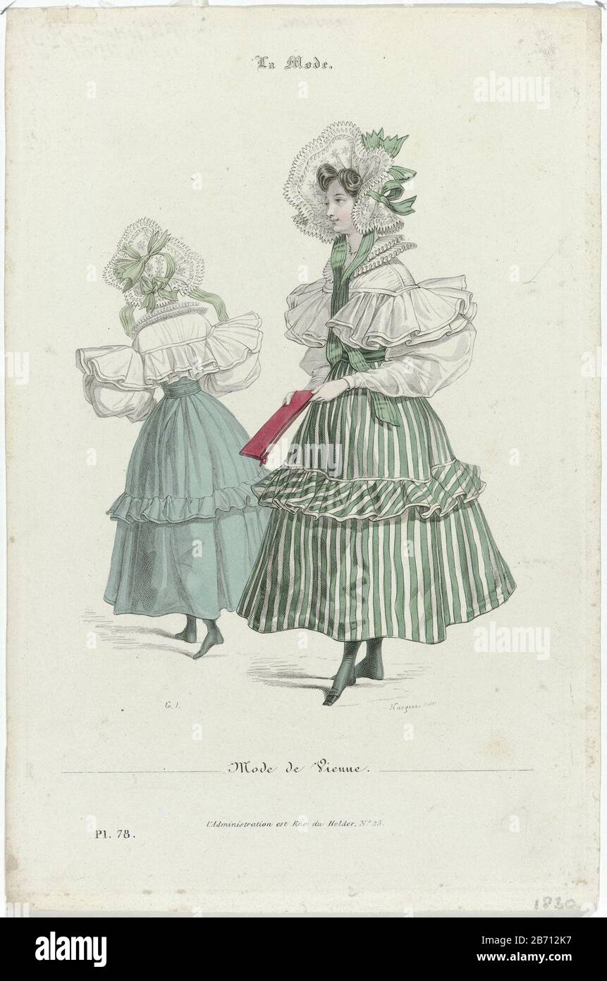 La Mode La Mode, 1830, Pl 78 Mode De Vienne Mode De Vienne. Chemisier à col double plissé et manches à boulon de mouton. Jupe large à rayures. Bonnet à motif fleuri et rubans rayés. Bottes à orteils carrés. Album dans vos mains. Imprimez le magazine de mode la mode (1829-1855) . Fabricant : printmaker Jean Denis Nargeot (propriété listée) au dessin: Paul Gavarni (propriété listée) Lieu de fabrication: Paris Date: 1830 Caractéristiques physiques: Acier engrala matière de couleur manuelle: Papier technique: Couleur des mains / acier engrala dimensions: Feuille: H 236 mm × W 155 mm Objet: Plaques de mode pour vêtements Banque D'Images