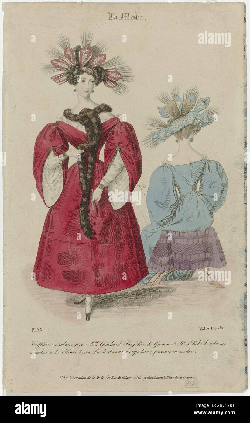 Mode la, 1830, Vol 2, livra 1 ère, Pl 20 Coeffure en rubans, par Mme Guichard Pavy () « Coiffure » avec rubans, par Guichard Pavy. Robe de velours avec 'courses à la Henri 3. Sous Les Manches de 'crêpe lisse. Volé à la fourrure de marten. Autres accessoires: Boucles d'oreilles, bracelets sur les deux poignets, gants, ventilateur, chaussures avec bretelles croisées et orteils carrés. Imprimez le magazine de mode la mode (1829-1855) . Fabricant : printmaker: Anonyme Date: 1830 Caractéristiques physiques: Acier engrala, crépi engrala, gravure et couleur de la main: Technique du papier: Engrala (impression) / couleur de la main / etch / pointilted engrala cotesi Banque D'Images
