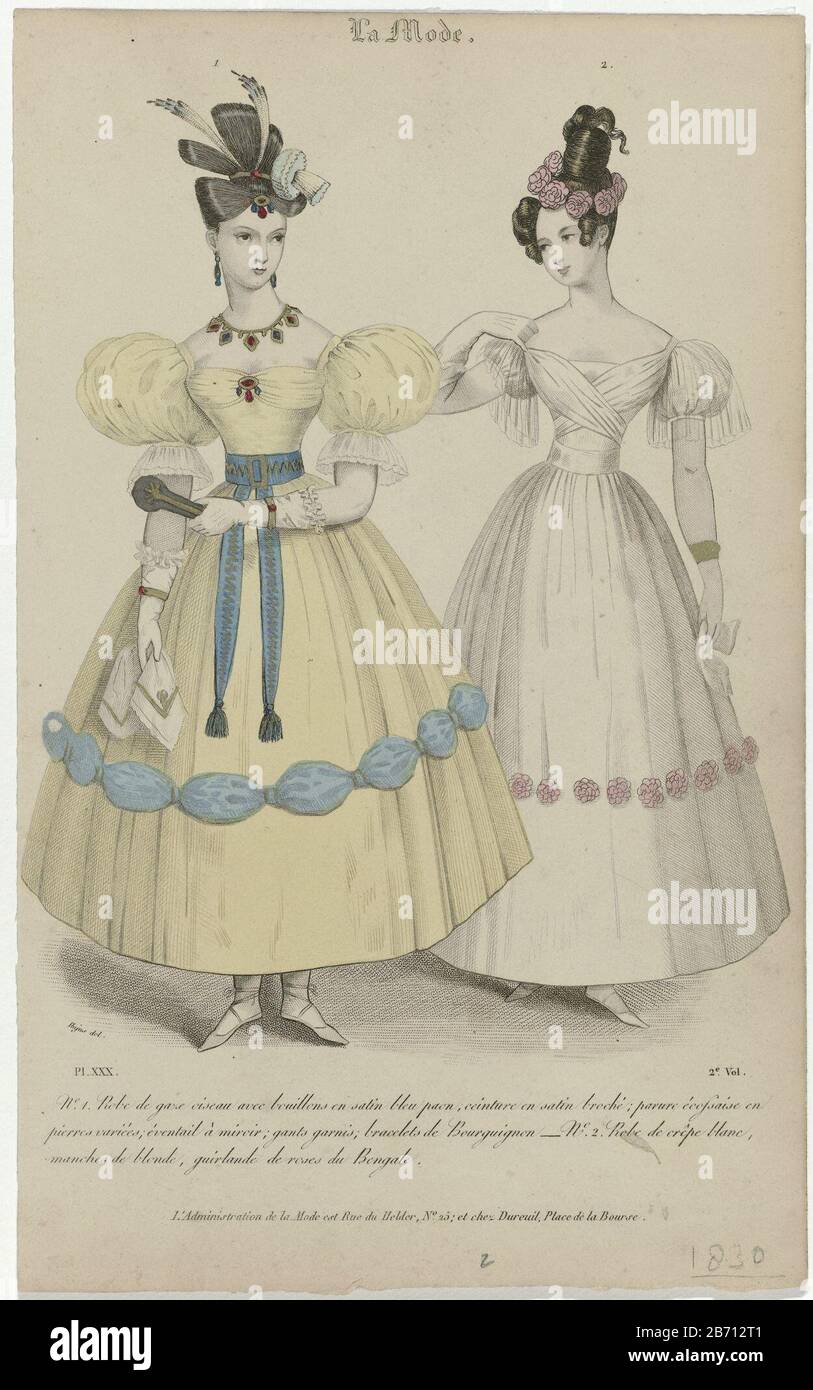 La mode, 1830, Pl 30 N°1 Robe de regard ciseau () N°1. Japon de 'regard oiseau' avec 'bouillons' satin. Ceinture de «broché de latin. 'Parure écossaise 'avec différentes pierres précieuses. Gamme avec miroir. Gants déposés avec une bande plissée de tissu. 'Bracelets de Bourguignon 'aux deux poignets. Robe de crêpe blanche à manches Blond (dentelle de bobine), décorée d'une guirlande de roses du Bengale (?). Mouchoir. Imprimer à partir du magazine de mode la mode (1829-1855) . Fabricant : Print Maker: Anonyme au dessin de: Hujus (indiqué sur l'objet) Date: 1830 Caractéristiques physiques: Acier engrala, point engraa, gravure, Banque D'Images