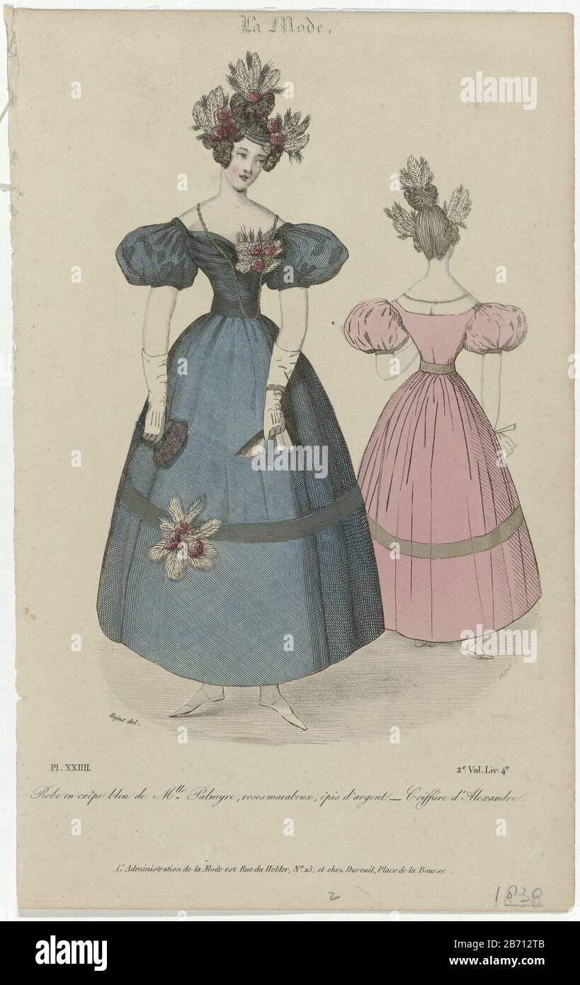 Femme dans une robe de crêpe bleue Palmyre, décorée de roses, de plumes de marabou et de pointes d'argent. 'Coiffure d'Alexandre. Autres accessoires: Collier, gants longs, bracelet sur le poignet gauche, ventilateur, mouchoir, chaussures plates. Imprimez le magazine de mode la mode (1829-1855) . Fabricant : printmaker: Vittore Pedretti (propriété listée) au dessin: Hujus (propriété listée) Lieu de fabrication: Paris Date: 1830 Caractéristiques physiques: Acier engrala, crépi engrala, gravure et couleur de la main: Papier: Technique engrala (impression) / couleur de la main / Etch / point engrala dimension: Feuille: H 241 mm × W 15 Banque D'Images