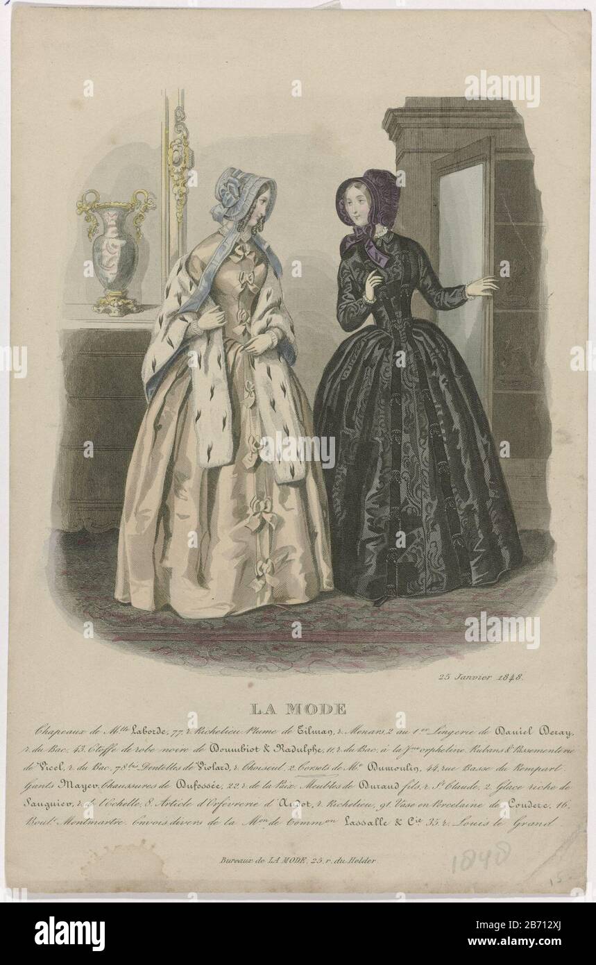 idioom web handtekening La mode, 25 janvier 1848 Château de Mme Labourd () Twee vrouwen in een  Inside, van Wie: Een én kastdeur openhoudt. Volgens het onderschrift:  Hoeden van Labourde. Stof van zwarte japon van