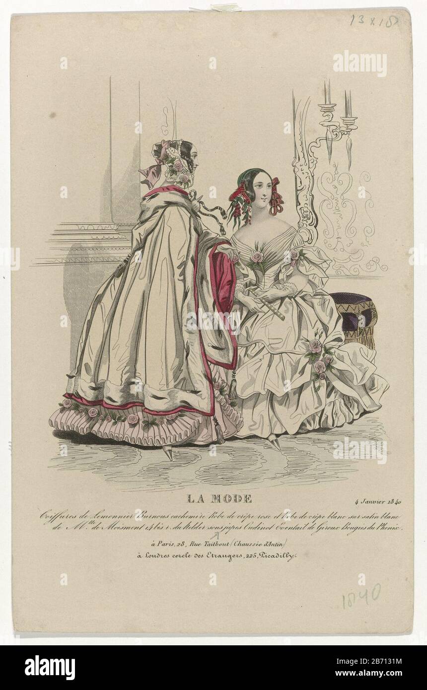 La mode, 4 janvier 1840 Personnes de Lemonnier () Deux femmes à l'intérieur. Selon la légende, les femmes coiffures Lemonnier. Gauche une robe de cachemire d'une robe de crêpe rose; droite une robe de crêpe blanche sur satin blanc. Les deux robes de Mois Month. Sous l'image quelques lignes de publicité textuelle pour divers produits. Imprimez le magazine de mode la mode (1829-1855) . Fabricant : printmaker: Anonyme Date: 1840 Caractéristiques physiques: Engraa, matériau de couleur manuelle: Technique du papier: Engraa (procédé d'impression) / couleur de la main dimensions: Feuille: H 256 mm × W 165 mm Sujet : mode plaques robe, Go Banque D'Images