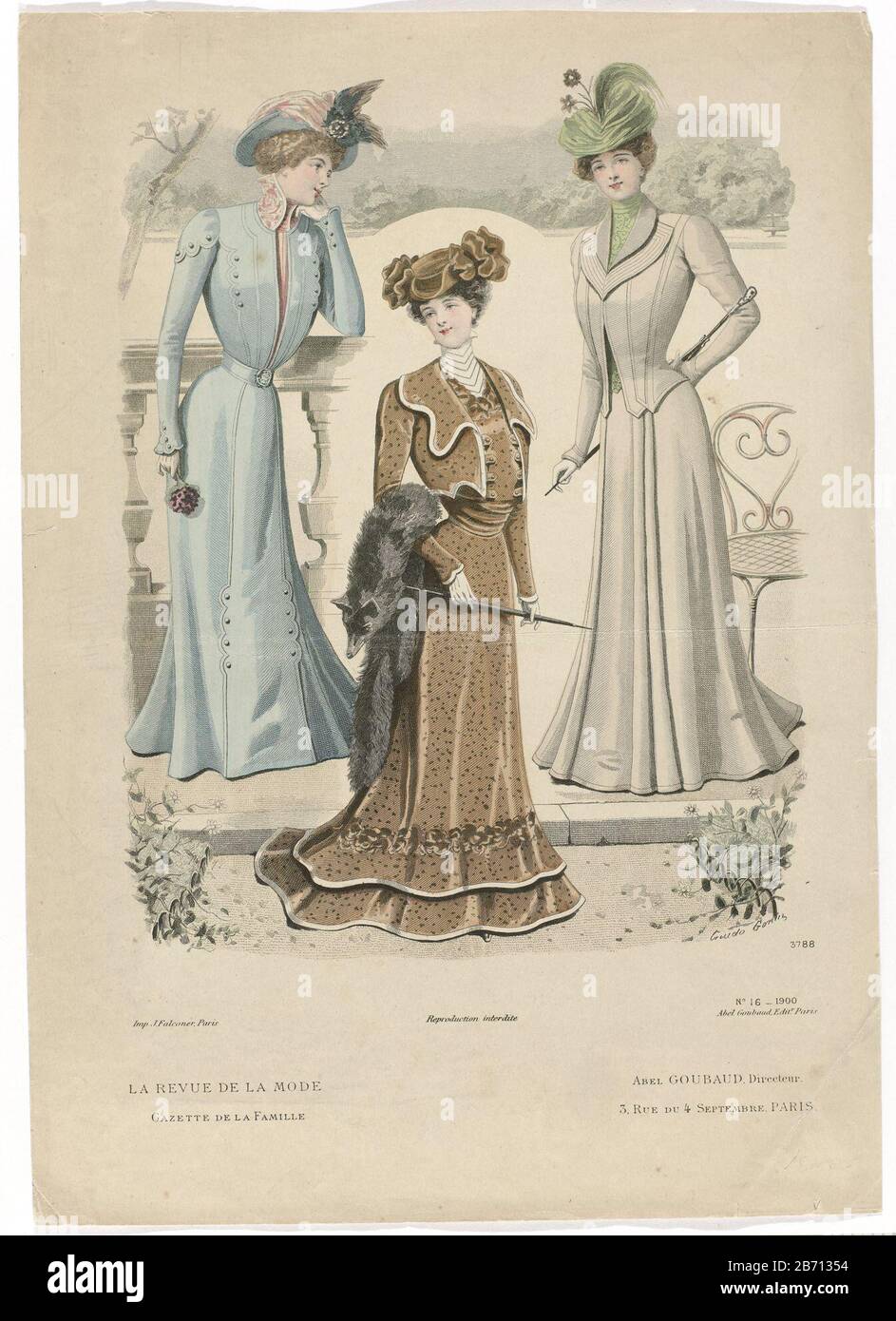 La Revue de la mode, 1900, No 16, nr 3788 gauche: Robe avec corsage ouvert,  sous un chemisier avec col montant. Au moyen est une courroie. Milieu :  robe et veste avec