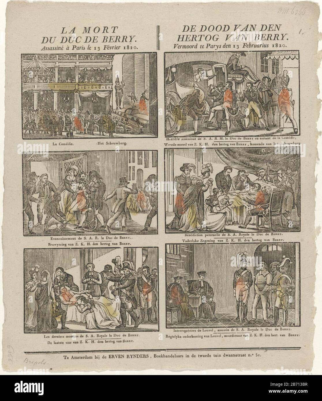 La mort du duc de Berry de dood van den hertog van Berry Vermoord te Parys den 13 février 1820 (objet titel op) Leaf avec six représentations l'assassinat de Charles Ferdinand, duc de Berry, à Paris le 13 février 1820. Sous chaque photo une légende en français et en néerlandais. Non Numéroté. Ca. 1830-1855. Fabricant : Vendeur: Preserve H. Rynders (bâtiment classé) Editeur: Philippus Jacobus Brepols Imprimer auteur: Anonyme lieu Fabrication: Vendeur: Amsterdam Éditeur: Turnhout Imprimer auteur: Belgique Date: 1830 - 1855 Caractéristiques physiques: Bois avec impression de texte, matière colorée: Papier Techn Banque D'Images