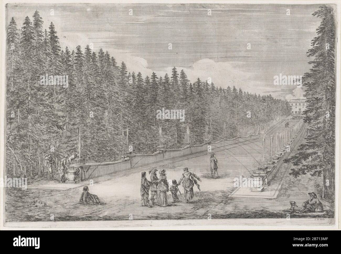 Laan a rencontré fontijnen dans de tuin van Villa Pratolino de Villa Pratolino (serietitel) les rues de la villa de Pratolino (serietitel) une avenue avec des fontaines dans le jardin de Villa Pratolino. L'avenue s'étend de l'avant à la villa en arrière-plan. Dans le premier plan à droite un homme avec un chien. Centre d'un groupe mensen. Fabricant : printmaker: Stefano della Bella (propriété cotée) Lieu de fabrication: Italie Date: 1620 - 1664 Caractéristiques physiques: Matière de gravure: Technique du papier: Gravure Dimensions: Bord de la plaque: H 252 mm × W 373 mmToeliechtPrent série de six reproductions le jardin de Villa Pratolino. Sous Banque D'Images