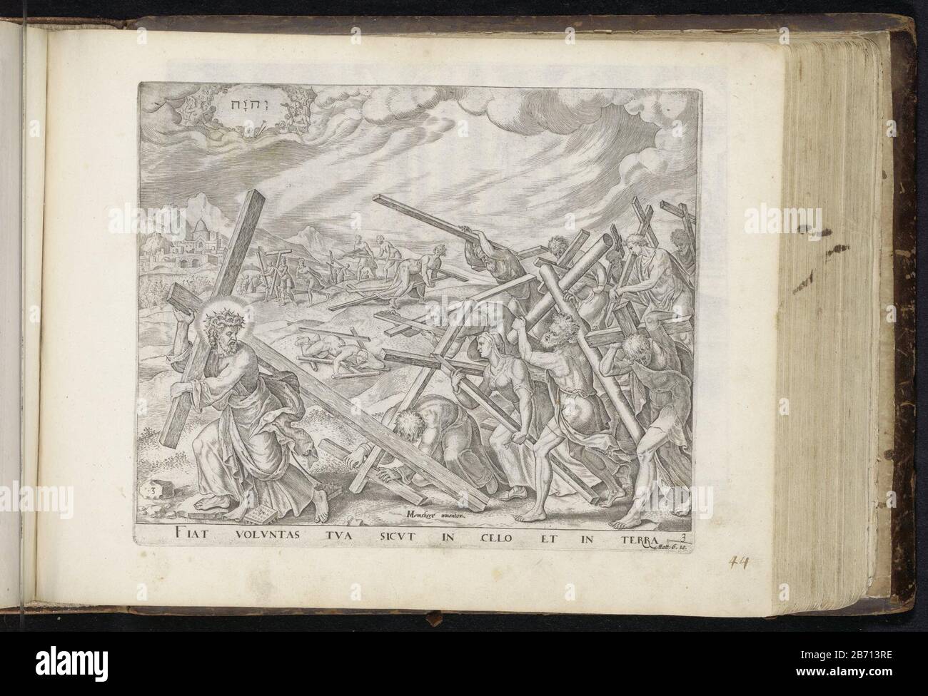 Laat uw wil gedaan worden op aarde zoals in de hemel Van het Vader Onse (serietitel) Onze Vader (serietitel) Den Grooten Figer-Bibel (serietitel) Illustration d'une ligne de la prière du Seigneur: Ton sera fait sur terre comme dans le ciel. Les hommes et les femmes portent sur la terre leur croix et suivent Christ qui est devant sa croix. Dans le ciel, le tétragrammaton apparaît comme un symbole de Dieu le Père. Sous l'idée qu'une partie De Notre Père en latin, une référence à la Bible en Matt. 6:10. Cette impression fait partie d'un album. Fabricant : Print Maker, John Wierixnaar dessin de: Maarten van Heemskerck (indica Banque D'Images