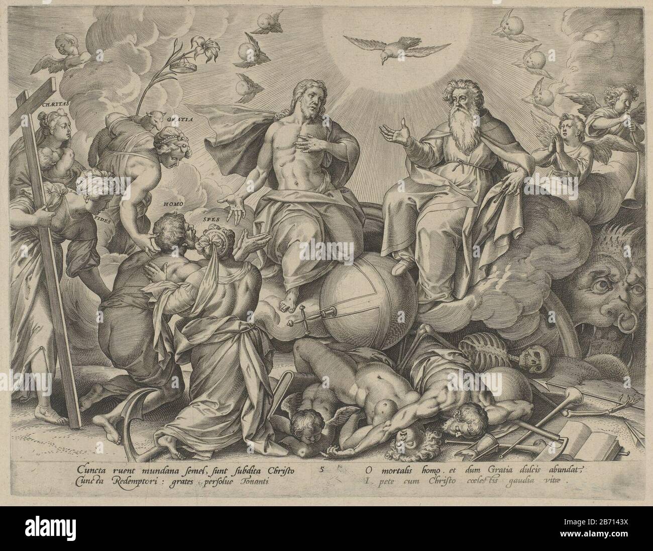 Laatste Oordeel de vier leeftijden van de mens en de dood (servietitel) Allégory de mort, symbolisé par le jugement dernier. L'homme (gay) entouré des vertus théologiques (Charitas, Fides et Spes) et de la Miséricorde Divine (Gratia), s'agenouillant dans l'adoration de la Trinité. Au premier plan sont des morts sur le bord de la porte à l'enfer. Dans la marge d'une signature à quatre lignes, dans deux colonnes, dans le Latijn. Fabricant : print maker: Hieronymus Qui: Rixprentmaker: Adriaen Collaert (attribution rejetée) à un dessin de: Ambrosius Francken (I), éditeur: Peetermans Baltenstats fabrication: Antwerpen Banque D'Images