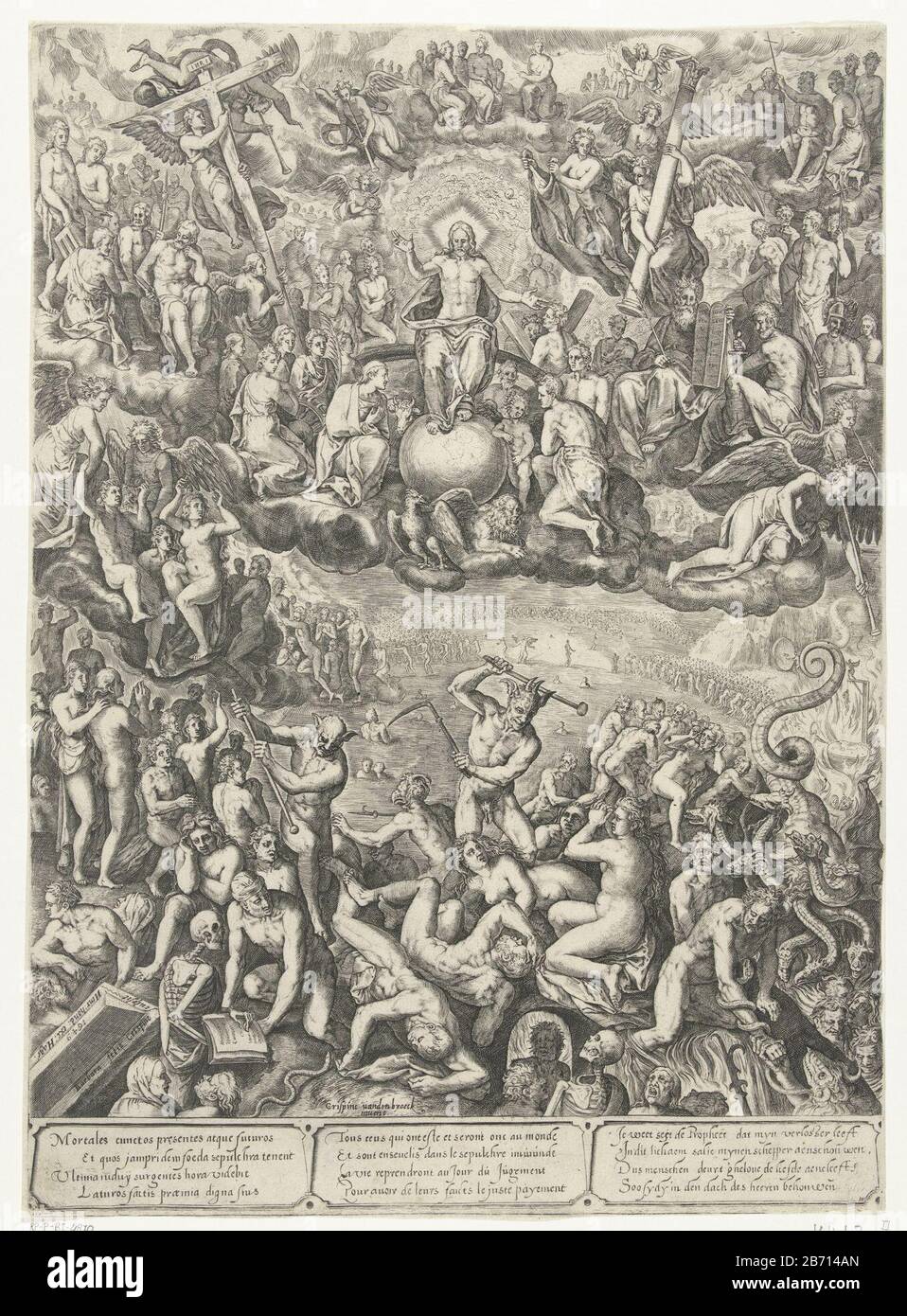 Laatste oordeel dernier jugement en haut: Christ s'est entroné sur l'arc-en-ciel et ses pieds se reposant sur le globe. Il est entouré d'anges avec Arma Christi, des saints avec leurs attributs et leurs pères. Sous les démons de l'enfer, les âmes ne montrent aucune miséricorde. Parmi le spectacle se trouve un verset en quatre lignes en trois langues ​​repeated wordt. Fabricant : printmaker Barbara van den Broeck (propriété listée) conçu par: Crispin van den Broeck (bâtiment listé) Editeur: Hendrick Hondius (i) ( listed on object) Lieu de fabrication: Den Haag Date: 1649 Caractéristiques physiques: Matériel automobile: Papier technique: Engraa (procédé d'impression) Banque D'Images
