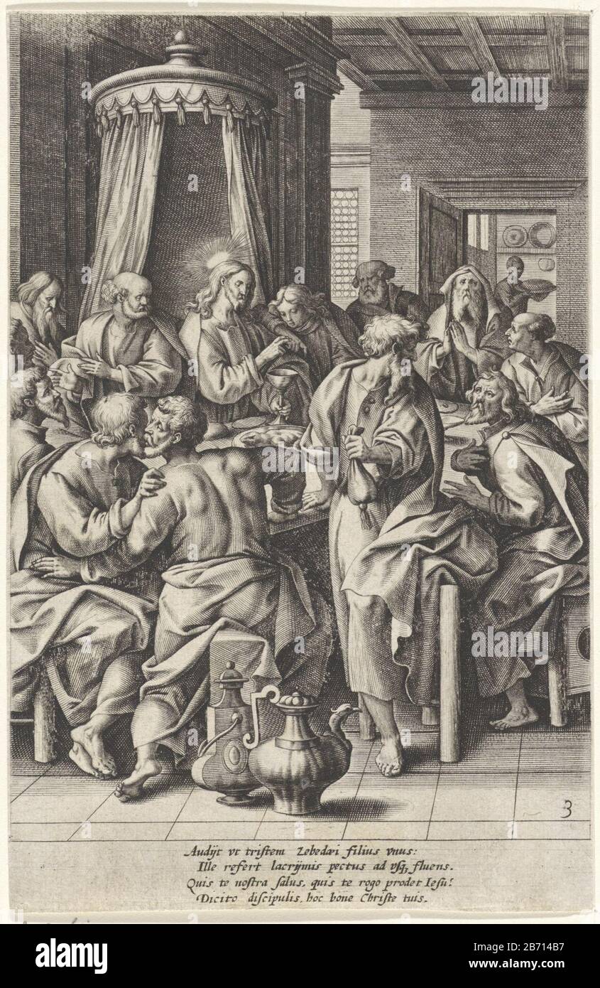 Christ et ses disciples autour d'une table. Christ est au milieu et Jean penche contre lui. Le reste est l'incrédulité de la conversation. Sur la table se trouve le pain du Christ tient la craie vaste. Fabricant : printmaker Antonie Who: Rix (II) pour le design: Maerten The Vosuitgever: Gerard de JodePlaats fabrication: Anvers Date: 1583 - 1587 Caractéristiques physiques: Matière automobile: Technique du papier: Engrala (processus d'impression) mesures: Feuille: H 199 mm × W 131 mmToeliechtPrent utilisé dans: Thesaurus sacrarum historiaru [m] vetyis (et novi) testame [n] ti, élégance o [n] tissimis imaginibus expressu [m] excell Banque D'Images