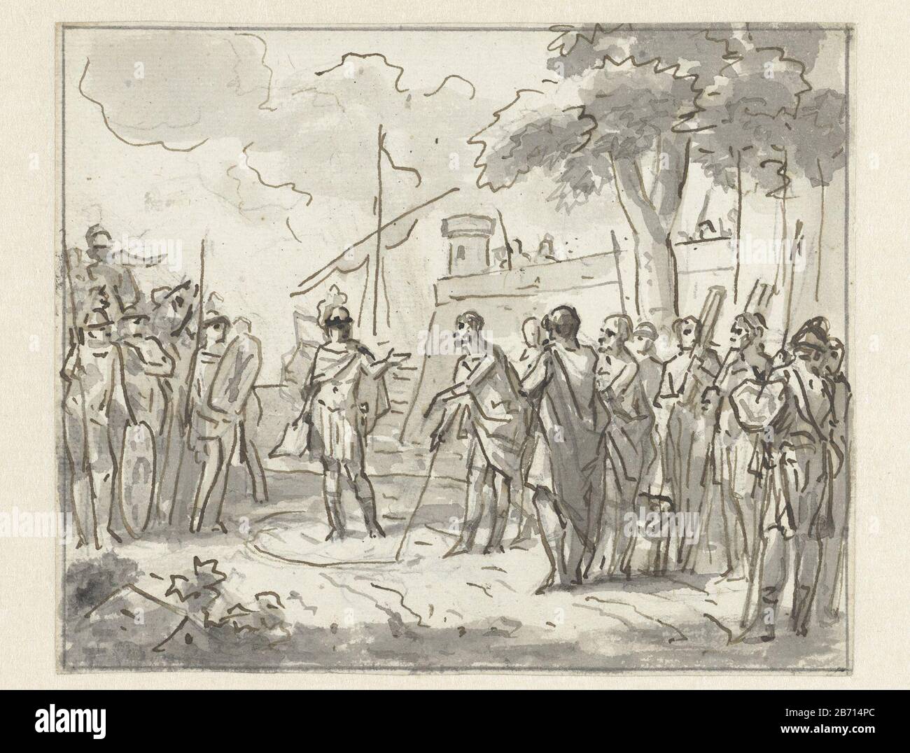 Laenas trekt een cirkel rond Antiochus IV Epiphanes in het zand Laenas dessine un cercle autour d'Antiochus IV Epiphanes dans le sable Type d'objet: Dessin Numéro d'objet: RP-T-00-1082 Fabricant : dessinateur: Jurriaan Andriessen Date: 1752 - 1819 Caractéristiques physiques: Pinceau en gris, graphite, en marron: Encre papier graphite technique : dimensions du stylo/pinceau : H 155 mm × l 190 mm Objet : Le consul C. Papilius Laenas, commandé par le Sénat romain pour ordonner à Antiochus IV Epiphanes de s'abstenir de toute confusion, avec son personnel attire un cercle autour du monarque et lui demande de ne pas aller au-delà Banque D'Images