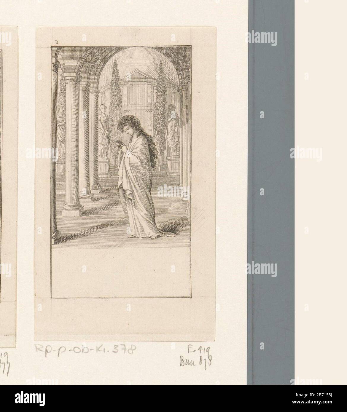 Lanassa en de tempelgang Haut gauche numéroté 6 ( symétrique) . Fabricant : printmaker Daniel Nikolaus ChodoWie: Ckinaar propre conception: Daniel Nikolaus ChodowieckiPlaats fabrication: Berlin Date: 1782 Caractéristiques physiques: Gravure; matériau d'épreuvage: Technique du papier: Gravure Dimensions: Feuille: H 111 mm (tôle intérieure coupée) × W 64 mm (tôle intérieure coupée) Remarques Faites pour Karl Martin Plümicke' Lanassa. Plus tard est utilisé pour: Köningl. Gros. Calendrier généalogique auf das Jahr 1783. Lauenburg : J. G. Berenberg, 1782. Objet: Temple de la littérature, sanctuaire  religionsvestibule non-chrétien, hall statu Banque D'Images