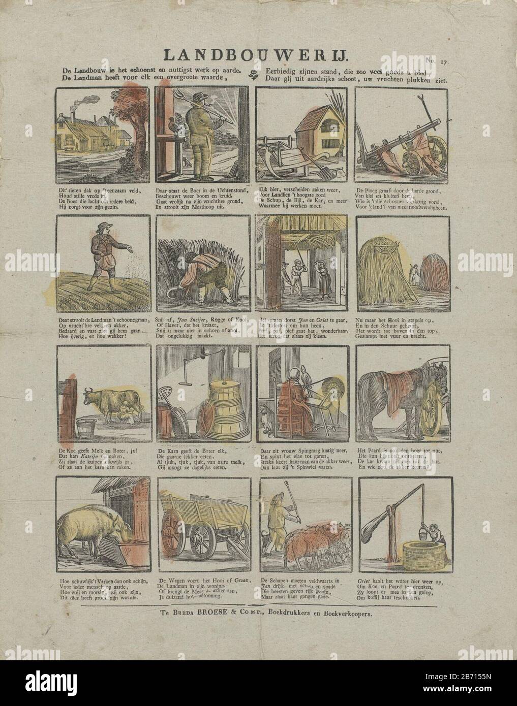 Landbouwerij (objet titel op) feuille avec 16 représentations de choses temaken ont l'agriculture, Où: Sous un agriculteur, des outils et des animaux de ferme. Sous le titre d'un verset à quatre lignes. Sous chaque performance un verset de quatre lignes. Numéroté en haut à droite : n° 17. Fabricant : Éditeur: Broese & Compagnie. (Montré sur l'objet) fabricant d'impression: Fabrication anonyme: Breda Date: 1828 - 1853 Caractéristiques physiques: Bloc de bois de couleur jaune et rouge; matériel d'impression de texte: Technique du papier: Coupe du bois / couleurs / formats d'impression: Feuille: H 430 mm × W 339 mmTohtelielicingHeruitlada par Broese & Co. De pictur Banque D'Images
