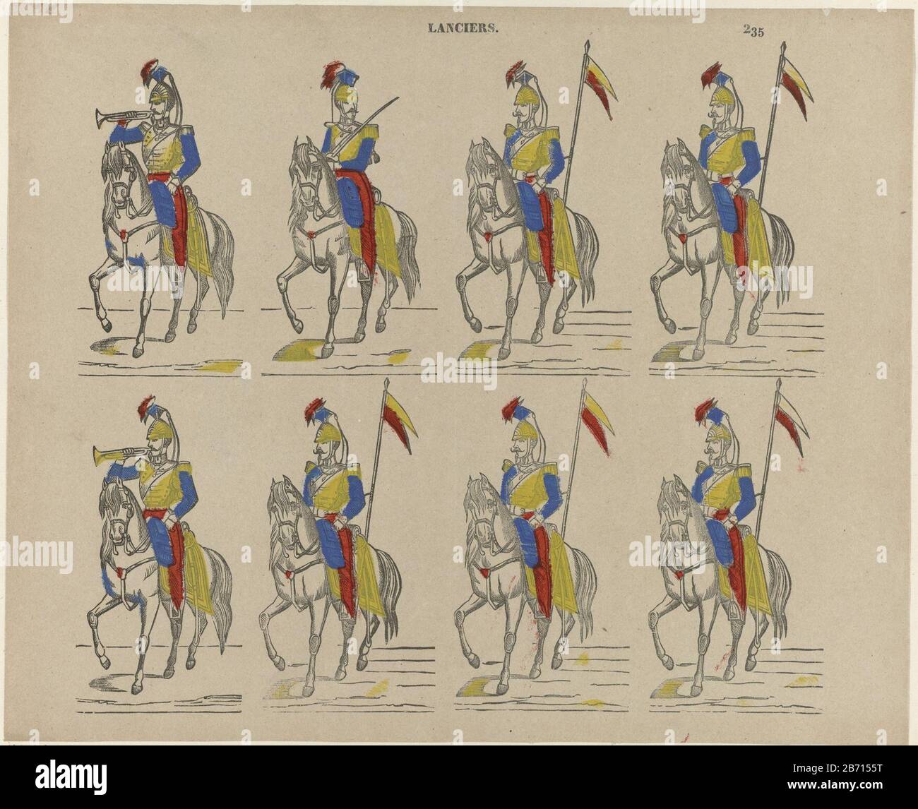 Lancateurs (objet de titel op) Leaf avec huit représentations de soldats de cheval. Numéroté en haut à droite : 235. Fabricant : éditeur: Philippus Jacobus Brepols Imprimer auteur: Fabrication anonyme Turnhout Dating: 1800 - 1833 Caractéristiques physiques: Bois de couleur bleu, jaune et rouge; matériel d'impression de texte: Papier technique: Bois / couleurs / formats d'impression: Feuille: H 340 mm × W 419 mm Objet: Guerre; affaires militaires (+ cavalerie, cavaliers) Banque D'Images