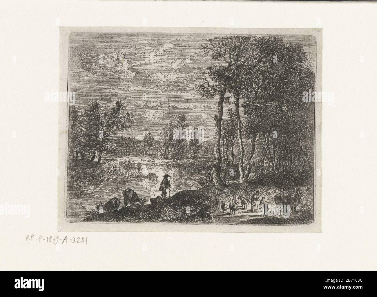 Landschap bij nacht met boeren vee Kleine landschappen (serietitel) d'une série de douze. Paysage la nuit. Les agriculteurs avec leur bétail dans une rivière autour d'un vuur ouvert. Fabricant : printmaker: Lucas van Uden à son propre design: Lucas van Uden Lieu de fabrication: Pays-Bas Date: 1605 - 1673 Caractéristiques physiques: Gravure et engrafage matériau: Technique du papier: Gravure / engrafage (procédé d'impression) Dimensions : bord de la plaque: H 74 mm × 98 b mm Objet: les animaux des agriculteurs de nuit (+ animaux utilisés comme bétail, bétail) feux de bonfeu Banque D'Images