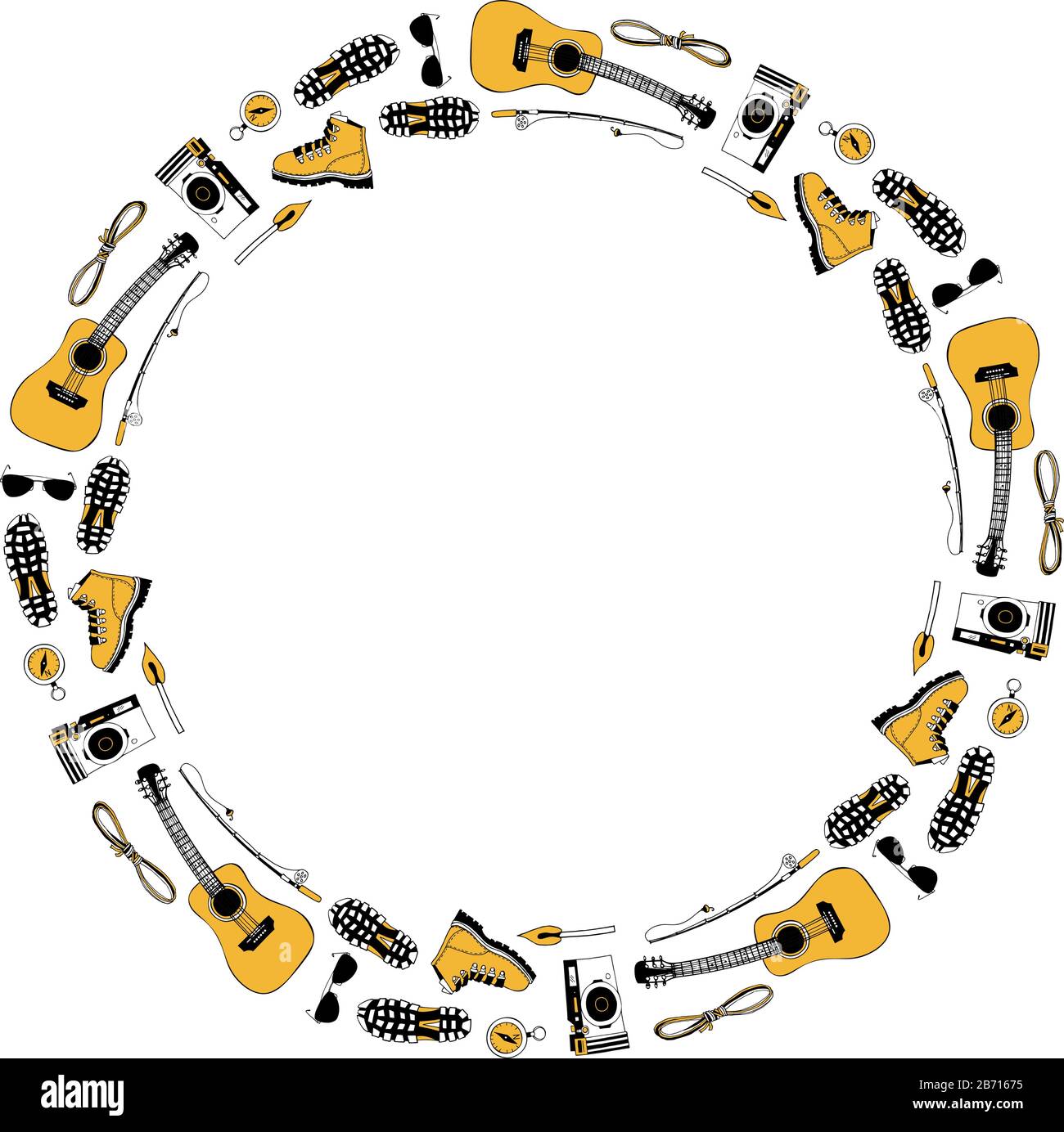 Modèle vectoriel. Cadre circulaire moderne pour la randonnée et le voyage. Motif avec symboles de camping. Bottes, appareil photo, guitare, lunettes de soleil, corde, compas Illustration de Vecteur