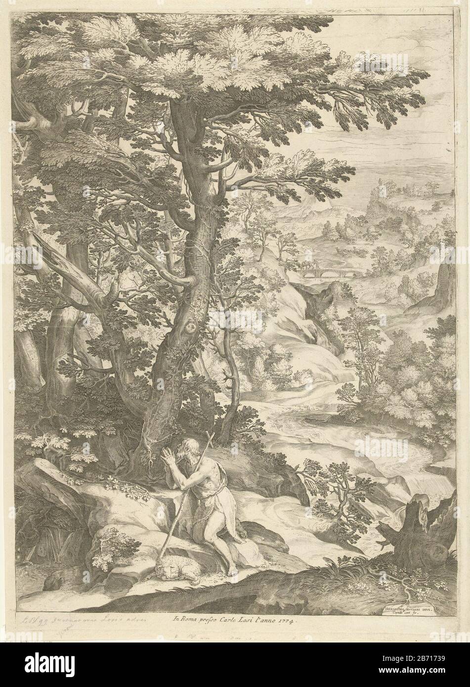 Landschap a rencontré Johannes de Doper Paysage De rivière En Pente priant avec Jean le Baptiste. En plus de la figure de pétrissage est un lam. Fabricant : machine à imprimer: Cornelis Cort (indiqué sur l'objet) à un dessin ou modèle de: Girolamo Muziano (indiqué sur l'objet) éditeur: Carlo Losi (indiqué sur l'objet) Lieu de fabrication: Rome Dating: CA. 1573 - ca. 1575 et / ou 1774 Caractéristiques physiques: Matériau de la voiture: Papier technique: EngraA (processus d'impression) Dimensions: Bord de la plaque: H 537 mm × W 381 mm Objet: Jean le Baptiste; attributs possibles: Livre, croix de conduite, coupe baptismal, nid d'abeilles, agneau, personnel Banque D'Images