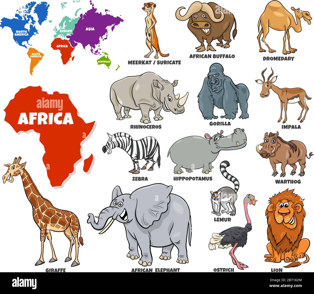 Dessin Animé Pédagogique Du Jeu D'Animaux Africains Et Carte Du Monde Avec Des Formes De Continents Illustration de Vecteur