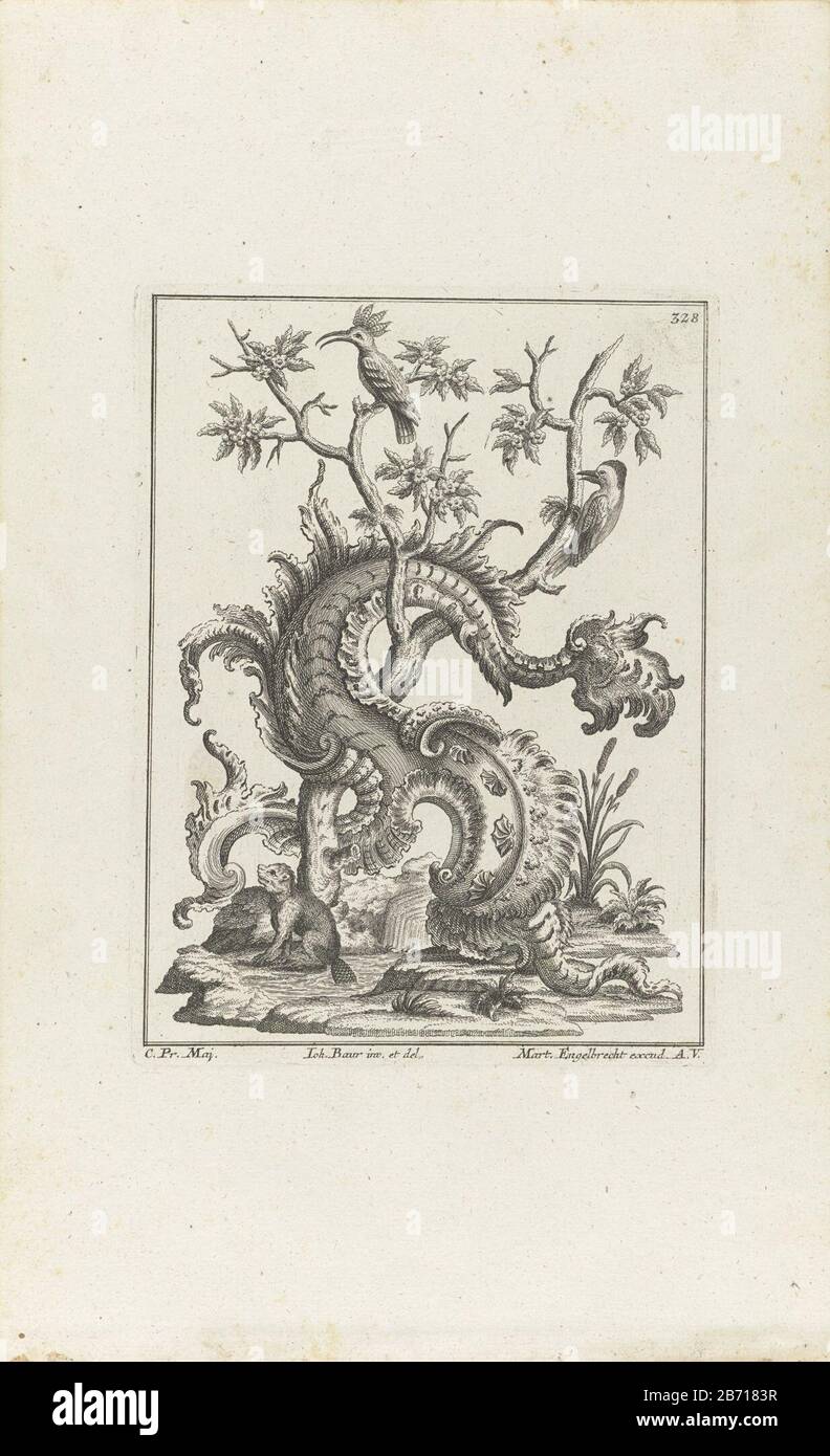 Landschap a rencontré bever en vogels Rocalles a rencontré dieren (serietitel) UN castor assis avec sa queue dans l'eau. Le cordon de semences est entrelacé avec un arbre. Dans l'arbre deux oiseaux Où: Possible sous un pic. En haut à droite 328 genummerd. Fabricant : printmaker: Anonyme au dessin: Johann Baur (bâtiment classé) éditeur Martin Engelbrecht (propriété cotée) fournisseur de privilège inconnu (propriété cotée) Lieu de fabrication: Augsburg Date: 1719 - 1749 Caractéristiques physiques: Matière de gravure: Papier: Technique dimensions de gravure: Bord de plaque: H 205 mm × W 155 mm Objet: Cours d'eau rocaille ornement Banque D'Images