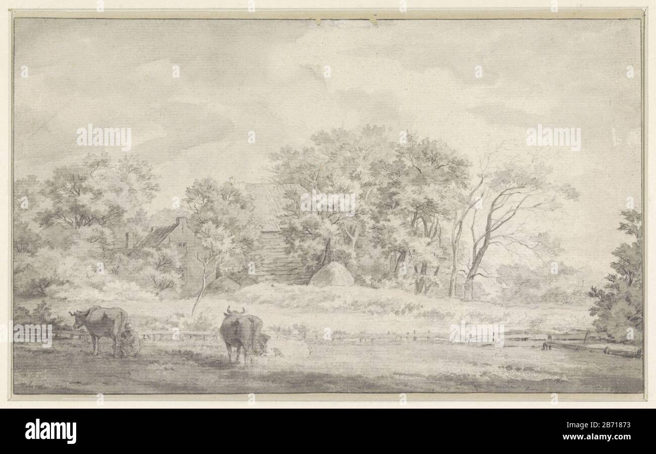 Landschap met boerderij buiten Haarlem Paysage avec ferme en dehors de Haarlem Type de bien: Dessin Numéro d'objet: RP-T-00-800 Inscriptions / marques buyten Haerlem' Fabricant : artiste: Balthasar Paul Ommeganck Dating: 1765 - 1826 Caractéristiques physiques: Pinceau en gris, noir craie matériel: Papier craie technique: Pinceau: Dimensions: H 193 mm × L 324 mm Objet : ferme solitaire ou maison en paysage Banque D'Images