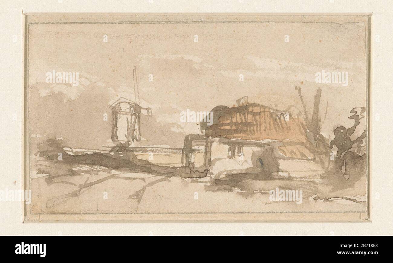 Landschap met boerderij en molen Landschap met boerderij en molen Type d'objet : tekening Objectnummer: RP-T-00-3074 Fabricant : dessinateur: Jan Weissenbruch Dating: 1832 - 1880 kenmerken physique: Penseel en bruin, geel en rood Material: Papier Techniek: Penseel / penseel / penseel 49 mm × 87 Mm Sujet: ferme (bâtiment) moulin à vent Banque D'Images