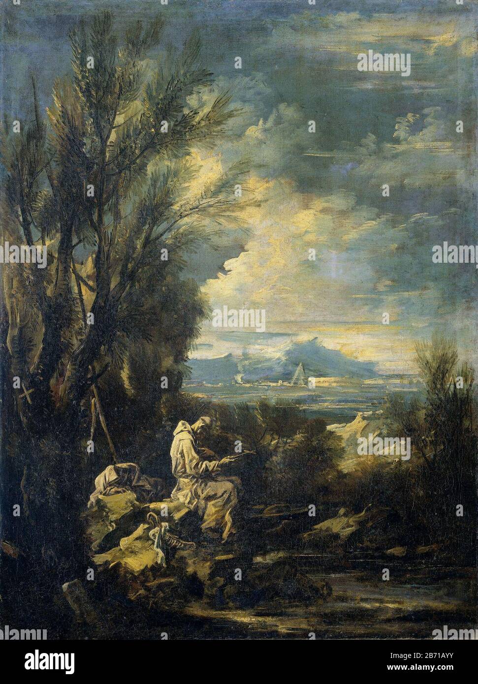 Landschap a rencontré de heilige Bruno, SK-A-3407 Paysage avec une ermite de Carthusian, peut-être Saint Bruno. Le saint est dans un paysage sur les rives d'un ruisseau sur les rochers coulés dans la prière avec une croix dans ses mains. Suspension de SK-A-3408. Fabricant : peintre: Alessandro Magna Coda Tering: 1700 - 1749 Caractéristiques physiques: Huile sur toile matériau: Huile toile Dimensions: Support: H 98.7 cm. B × 74,6 cm. D × 3,5 cm. (Avec protection arrière.) taille extérieure : 4,8 cm d. (Y compris le transporteur SK-L-2462.) Sujet: Le fondateur de l'ordre des enthousiastes, Bruno; attributs possibles: Croix, doigt à lèvre, lily, mit Banque D'Images