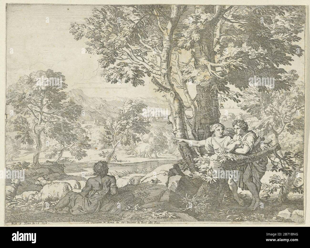Landschap a rencontré des éleveurs de la drie UN homme et une femme penchant sur une branche d'arbre, tandis que la femme pointant vers la distance. La gauche est un berger avec des moutons sur le fond. Fabricant : printmaker: Franciscus de Neve (propriété cotée) à la conception: Franciscus de Neve (bâtiment classé) éditeur: Giovanni Giacomo de'Rossi (propriété cotée) Lieu de fabrication: Rome Date: 1660 - 1666 Caractéristiques physiques: Matière de gravure: Papier: Technique Dimensions de gravure: Bord de la plaque: H 191 mm (découpe sur arête) × b 260 mm Objet: Pasteurs, Arcadiens scènes brebis index vers l'avant, pointant, indiquant Banque D'Images