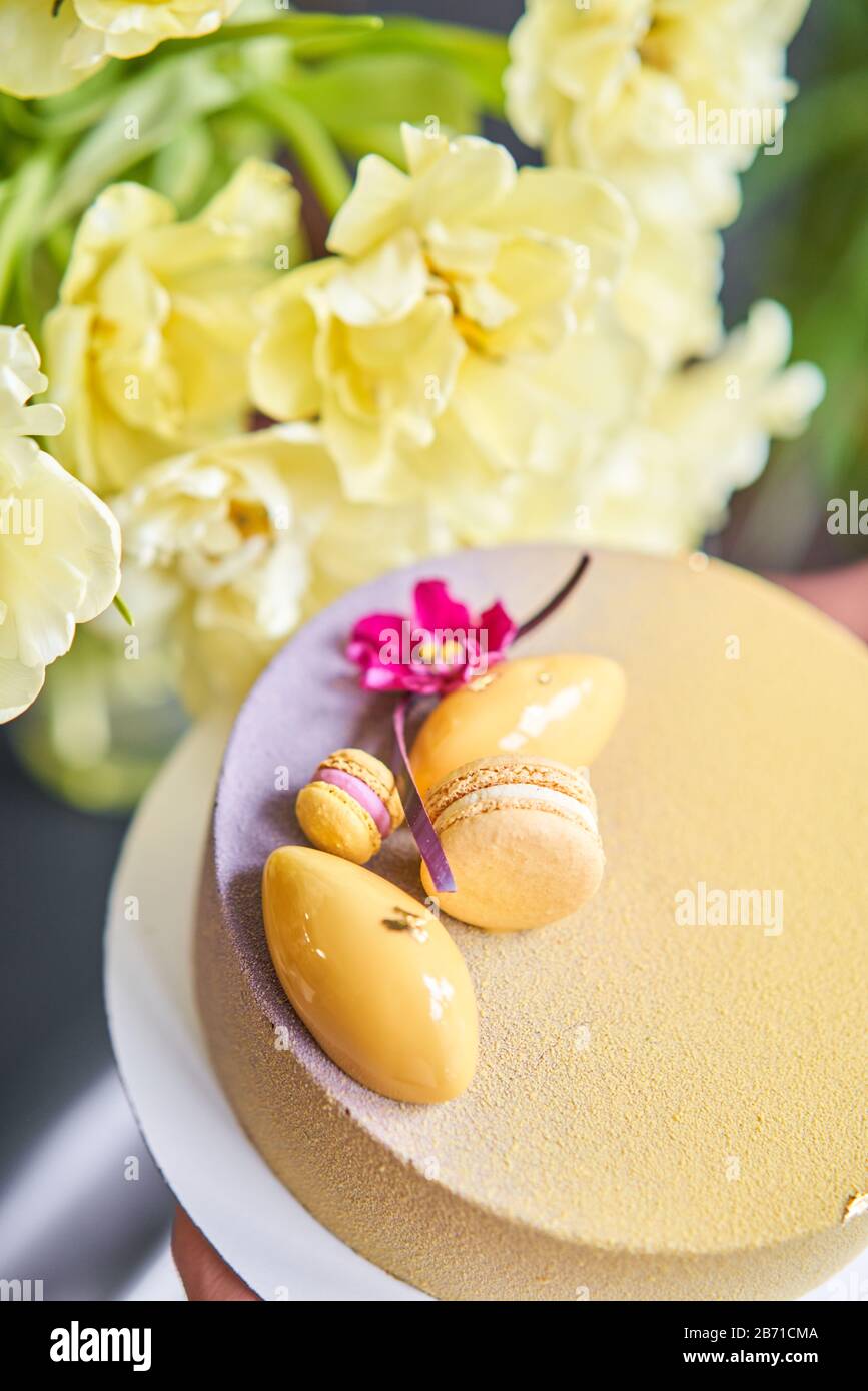 Dessert Mousse recouvert de velours jaune. Gâteau européen moderne. Desserts sucrés et thé. La cuisine française. Thème fleurs. Copy space Banque D'Images