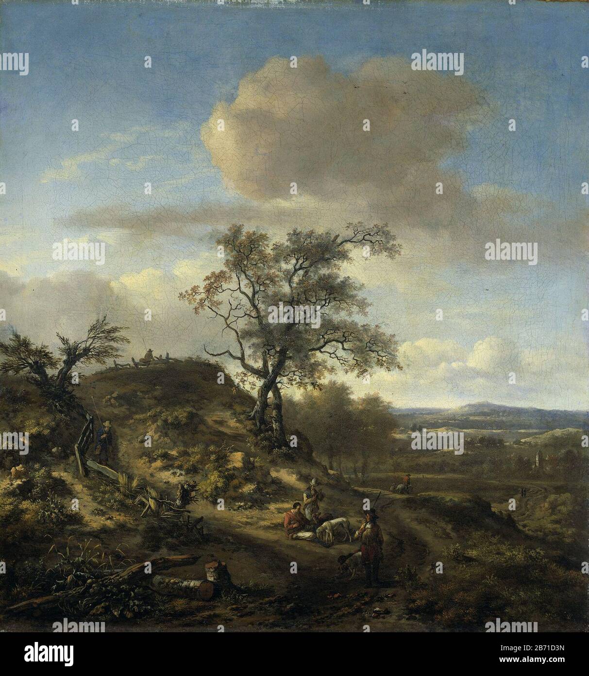 Landschap a rencontré een jager en etere figuren, SK-C-274 dunes Vallonnées avec quelques chasseurs avec des chiens et d'autres personnages sur ou le long d'un landweg. Fabricant : peintre Jan Wijnants Dating: CA. 1660 - env. 1670 Caractéristiques physiques: Huile sur toile: Toile d'huile Dimensions: Support: H 67 cm. B × 63 cm. Dimensions externes : D 12,5 cm. (Support avec SK-L-4752.) Banque D'Images