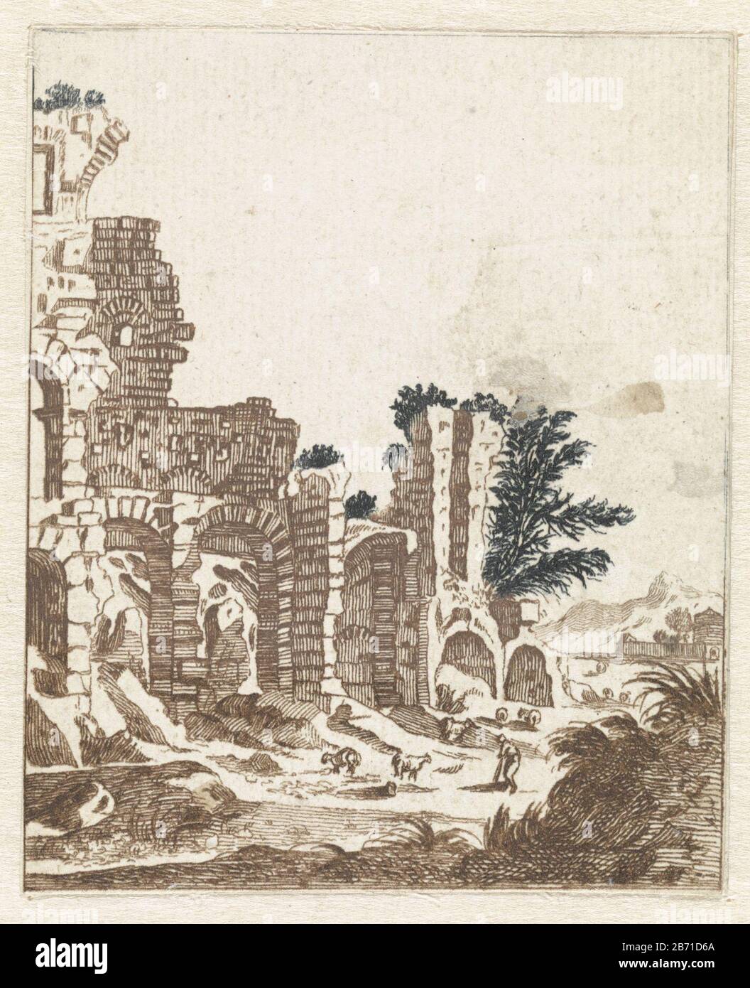Paysage avec une ruine classique près de Rome. Fabricant : print maker: Supervision anonyme: Johan Teylerstraat Lieu fabrication: Pays-Bas Date: 1688 - 1698 Caractéristiques physiques: Gravure à la poupée en matière marron et verte: Technique du papier: Gravure / à la poupée / taille de l'impression couleur: Feuille: H 84 mm × b 69 mm Sujet: Paysage avec ruine Banque D'Images