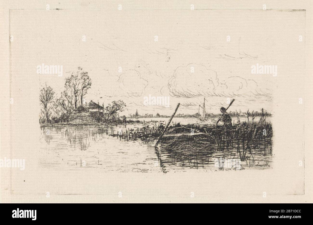 Landschap a rencontré een man bij een roeiboot UN homme marche avec un oar sur son épaule à un bateau à ramer. Laissé en arrière-plan une ferme et un hooiberg. Fabricant : printmaker Elias Stark Place fabricación: Netherlands Date: 1859 - 1886 Caractéristiques physiques: Matière de gravure: Technique du papier: Gravure Dimensions: Bord de la plaque: H 99 mm × W 155 mm Sujet: Ramer-bateau, canoë, etc Banque D'Images