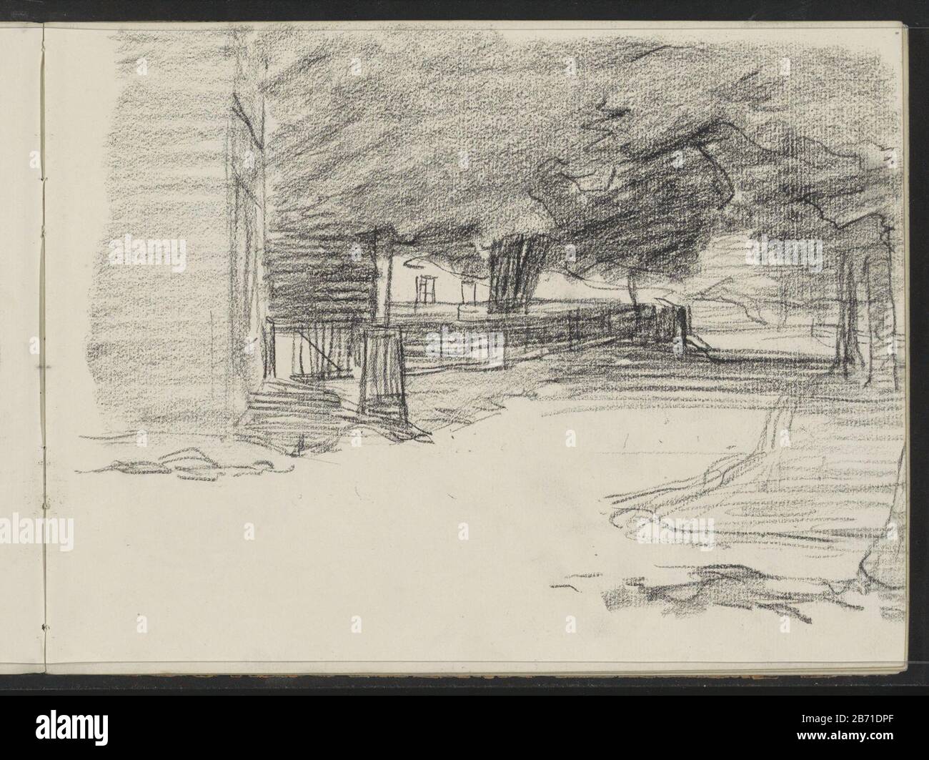 Landschap a rencontré een PAD langs huizen Paysage avec un chemin le long des maisons Type d'objet: Croquis feuille Numéro d'article: RP-T-1963-316-3 (R) Description: Lame 3 recto d'un croquis avec 27 bladen. Fabricant : artiste: Ferdinand Oldewelt Date: CA. 1904 - ca. 1912 Caractéristiques physiques: Craie noire: Papier Sujet craie: Clôture, mur, maison d'anguille Banque D'Images