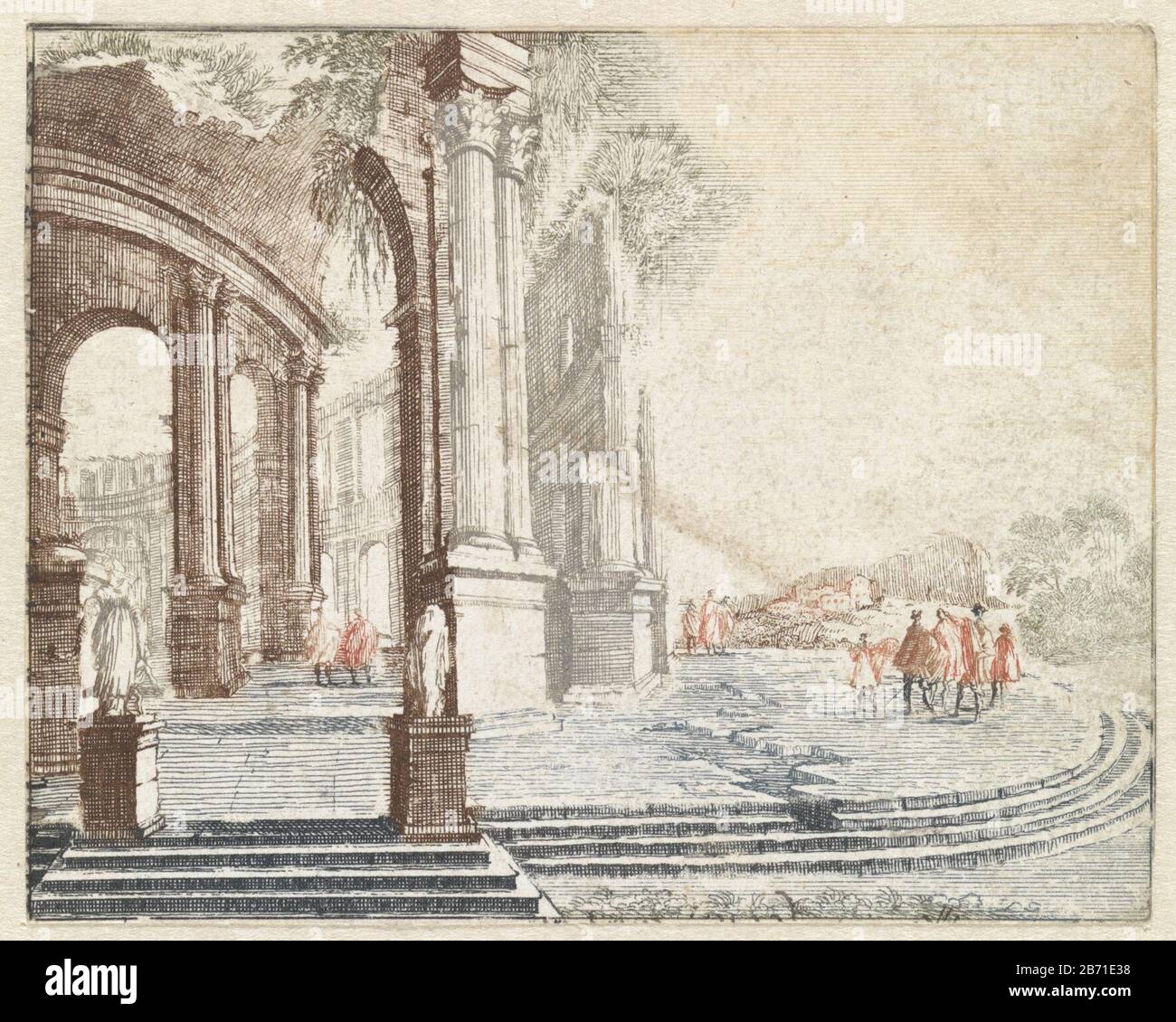 Paysage aux ruines romaines rondes avec deux statues à l'avant sur sokkels. Fabricant : printmaker: Supervision anonyme Johan Teylerstraat Lieu fabrication: Pays-Bas Date: 1688 - 1698 Caractéristiques physiques: Gravure à la poupée en matière verte, bleue, rouge et brune: Technique du papier: Gravure / à la poupée / couleur dimensions: Feuille: H 85 mm × W 107 mm Sujet: Paysage avec gelding Banque D'Images