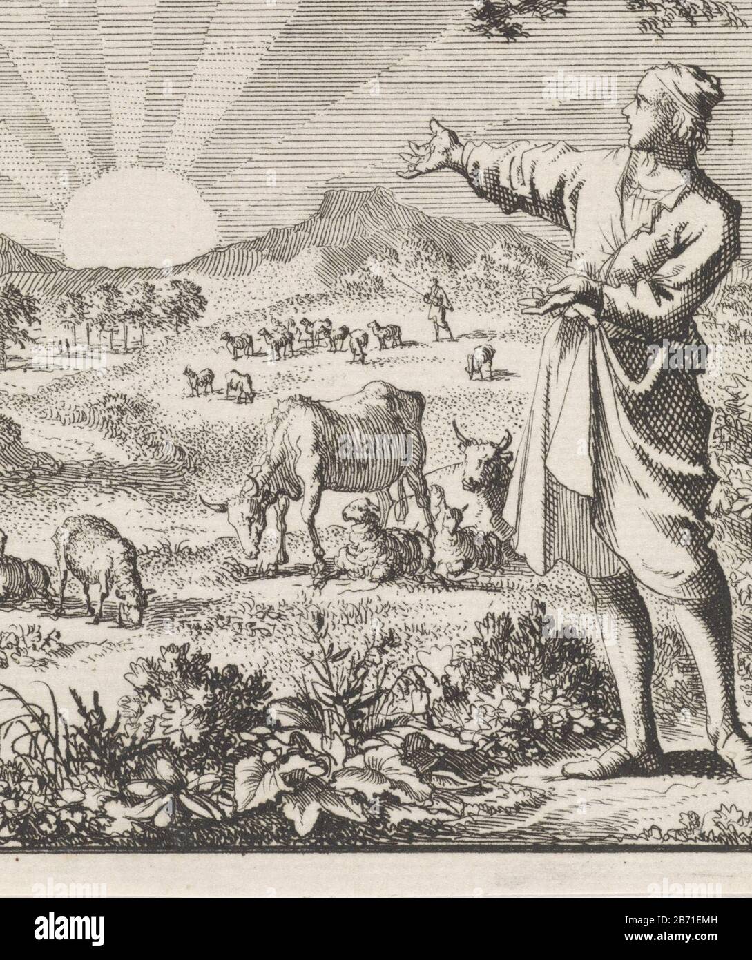 Landschap a rencontré een zonsopiste UN paysage avec pâturage et bétail au lever du soleil . Au premier plan un homme lever du soleil beschouwt. Fabricant : printmaker Jan Luyken Editeur: Jan Huygen Editeur: James Hardenberg Lieu de fabrication: Amsterdam Date: 1700 Caractéristiques physiques: Matériau de gravure: Technique du papier: Gravure Dimensions: Feuille: H 101 mm × W 85 mmToelichtBoekillustratie pour Jan Huygen. Stichtelyke Rymen sur plusieurs substances. Amsterdam: Imprimé par James de Herde Berg pour Jan Huygen, 1700, p. 30. Objet: Prairie, ferraille de pasturesunrisechochet Banque D'Images