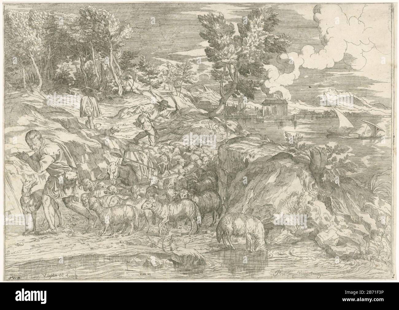 Landschap a rencontré fluitspelende herder Opera Selectiora (serietitel) paysage de zones humides avec des bergers conduire leurs troupeaux de moutons vers une piscine d'eau. Avant-plan gauche un berger jouant la flûte. L'imprimé fait partie d'une série de 53 pièces d'empreintes pour peintures de Titien et de Veronese. Fabricant : Print maker: Valentin Lefebvre (indiqué sur l'objet) à dessin de: Valentin Lefebvre (indiqué sur l'objet) à un dessin de: Titiaan (inscrit sur l'objet ) éditeur: Jacob van Campen (propriété cotée) Lieu de fabrication: Venise Date: 1682 Caractéristiques physiques: Matériel de gravure: Technique du papier: Gravure di Banque D'Images