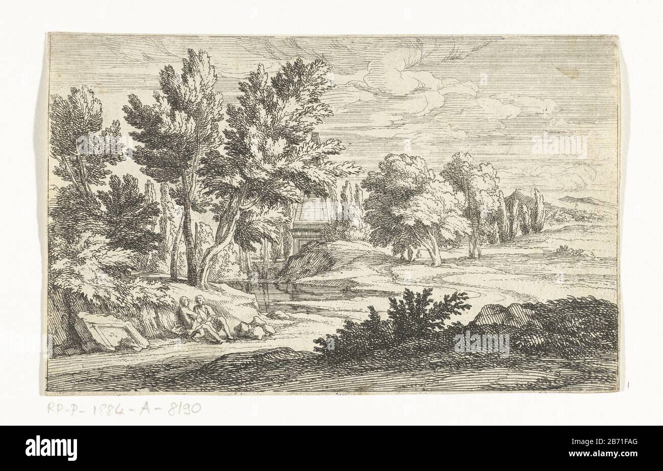 Landschap met greffmonument Paysage avec des arbres entre une tombe. En chemin sont deux voyageurs à rusten. Fabricant : printmaker: Adriaen Frans Boudewynsnaar design: Adriaen Frans Boudewynsuitgever: Adam Frans van der Meulen (possible) Lieu de fabrication: Paris Date: CA. 1666 - ca. 1681 Caractéristiques physiques: Matériau de gravure: Technique du papier: Dimensions de gravure: Feuille: 115 mm × h 185 b mm Objet: Paysage avec monument Banque D'Images