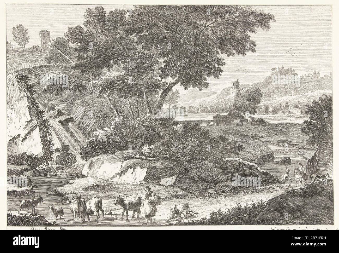 Landschap met herders en vee bij waterval Italiaanse landschappen (serietitel) Paysage avec bergers et bovins à Waterfall paysages italiens (titre de la série) Type de bien: Imprimer Numéro de série: 16 / 19Objectnummer: RP-P-1952-36 Inscriptions / marques: Marque de collectionneur, centre inversé, estampillée: Lugt 2228 conception du fabricant: Design: Marco Ricci (bâtiment classé) printmaker Giuliano Giampiccoli (bâtiment classé) éditeur: Giuliano Giampiccoliopgedragen à Joseph Smith Lieu de fabrication: Venise Date: 1739 - 1740 Caractéristiques physiques: Matériel de gravure: Technique du papier: Dimensions de gravure: Elle Banque D'Images