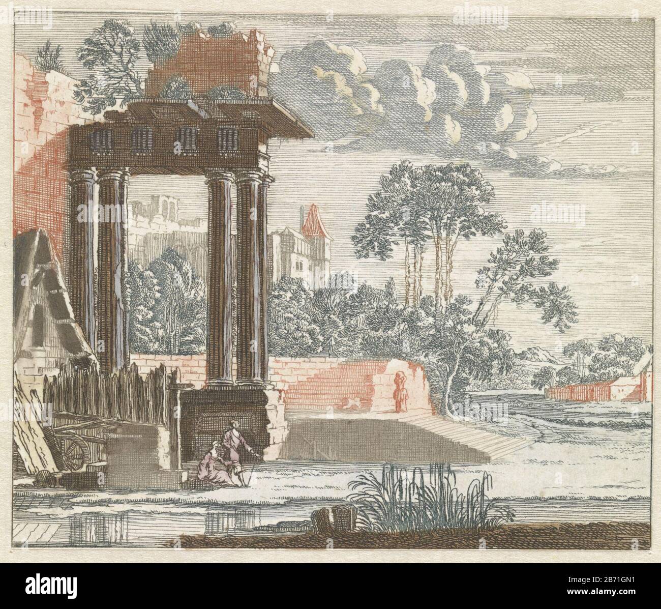Paysage avec un temple romain ruiné sur la gauche et l'eau sur la voorgrond. Fabricant : printmaker: Supervision anonyme Johan Teylerstraat Lieu fabrication: Pays-Bas Date: 1688 - 1698 Caractéristiques physiques: Gravure à la poupée en rouge, vert, bleu et marron, couleur marron et violet: Papier : gravure technique / à la poupée / couleur / couleur de la main dimensions: Feuille: H 89 mm × W 107 mm Objet : paysage avec ruine Banque D'Images