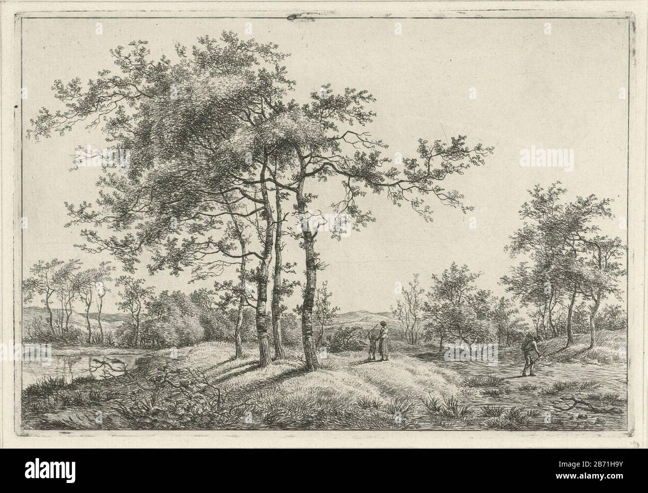 Landschap a rencontré moeder en nature dans un paysage avec de hauts arbres sont une femme et un enfant dans l'herbe. Sur le chemin passe un homme avec un panier sur son tapis. Fabricant : éditeur: Hermanus FockPlaats fabrication: Amsterdam Date: 1781 - 1822 Caractéristiques physiques: Matière de gravure: Technique du papier: Gravure Dimensions: Bord de la plaque: H 165 mm × W 240 mm Objet: Transporter quelque chose dans le panier, le sac à dos, etc.landschappen Banque D'Images