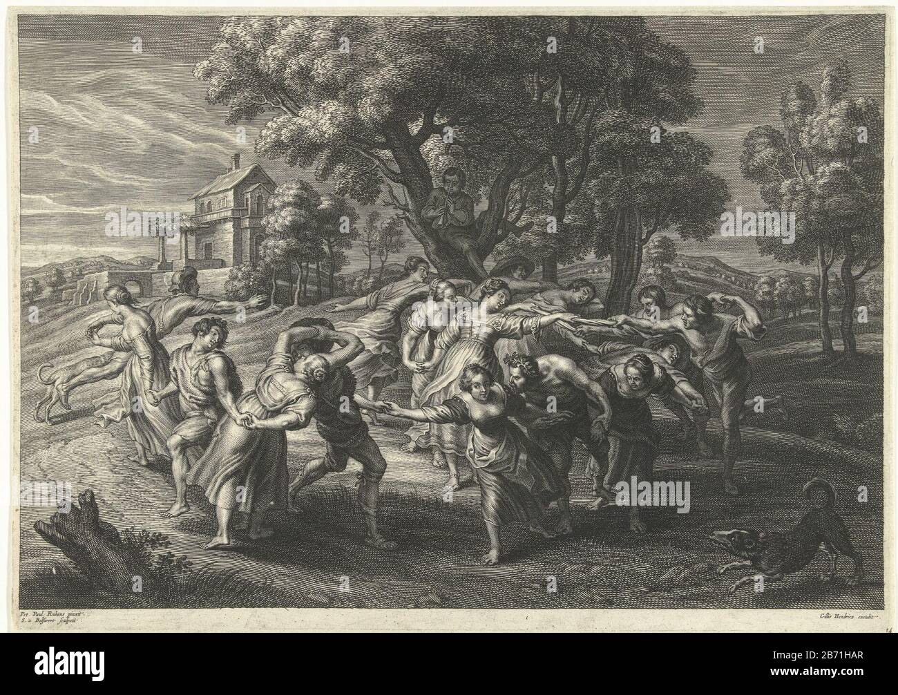 Landschap a rencontré mannen en vrouwen die dansen Paysage avec une compagnie gaie d'hommes et de femmes dansant à la musique d'un joueur de flûte qui est dans un arbre. Les hommes essaient de voler des baisers des dames. Fabricant : Printmaker: Schelte Adamsz. Bolswert (propriété listée) à la peinture de Peter Paul Rubens (bâtiment listé) Éditeur: Gilles Hendricx (bâtiment listé) Date: 1596 - 1659 Caractéristiques physiques: Matériel automobile: Technique du papier: Engraa (processus d'impression) Dimensions: Bord de la plaque: H 321 mm b × 453 mToeliechtPrent à la peinture de Peter Paul Rubens. Holllstein décrit une série de petits paysages uedn Banque D'Images