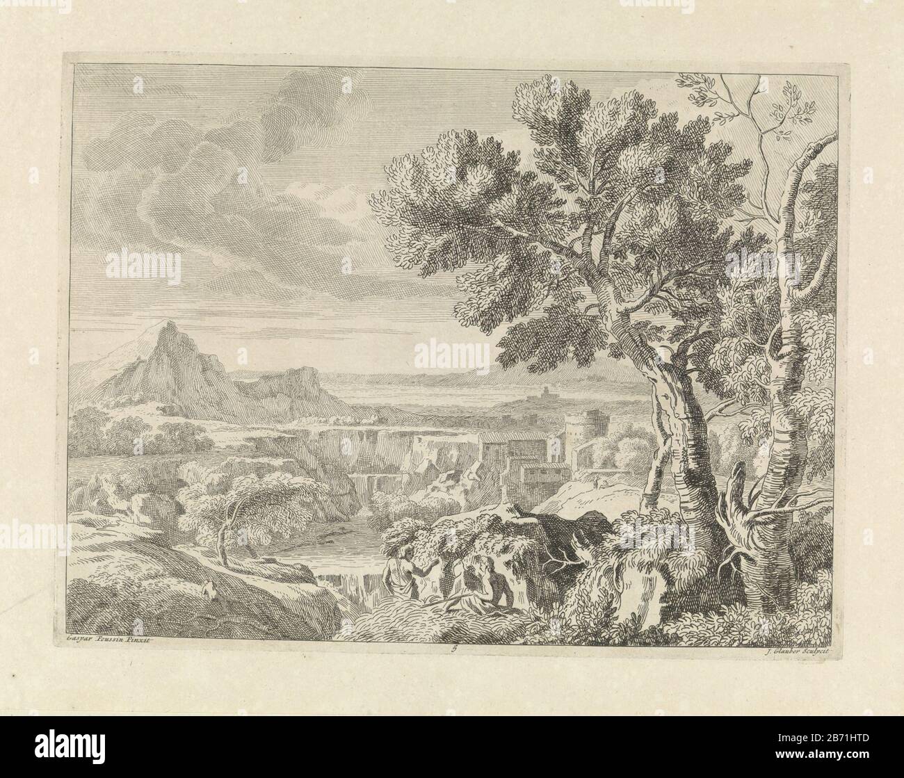 Landschap a rencontré ravijn en waterval Landschappen naar Gaspar Poussin (servietitel) paysage Vallonné avec un ravin et une chute d'eau. Dans le fond droit un château. Au premier plan, deux randonneurs se reposent. L'imprimé fait partie d'une série de paysages aux peintures de Gaspar Poussin. Fabricant : printmaker John Glauber (propriété cotée) à la peinture: Gaspard Dughet (propriété cotée) Lieu de fabrication: Inconnu Date: 1656 - 1726 Caractéristiques physiques: Matière de gravure: Technique du papier: Dimensions de gravure: Bord de la plaque: H 294 mm × W 382 mm Objet: (Haut) waterperpravine, gouffre, abîme, canyon (+ paysage WIT Banque D'Images