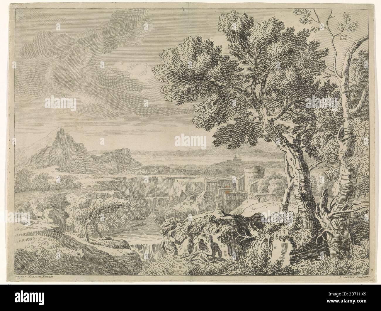 Landschap a rencontré ravijn en waterval Landschappen naar Gaspar Poussin (servietitel) paysage Vallonné avec un ravin et une chute d'eau. Dans le fond droit un château. Au premier plan, deux randonneurs se reposent. L'imprimé fait partie d'une série de paysages aux peintures de Gaspar Poussin. Fabricant : printmaker John Glauber (propriété cotée) à la peinture: Gaspard Dughet (propriété cotée) Lieu de fabrication: Inconnu Date: 1656 - 1726 Caractéristiques physiques: Matière de gravure: Technique du papier: Dimensions de gravure: Feuille: 293 mm × h 389 b mm Objet: (Haute) perché d'eau, gouffre, abîme, canyon (+ paysage avec fig. Banque D'Images