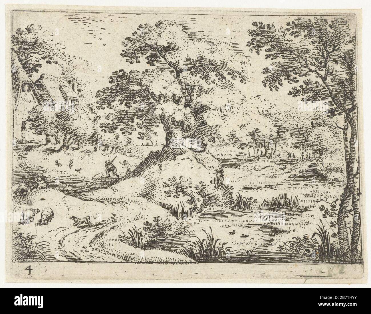 Landschap a rencontré des reizigers nabij huizen Zes landschappen a rencontré des reizigers (serietitel) Dans un paysage boisé sont deux voyageurs avec un chien le long d'un marais à deux maisons. Ce tirage fait partie d'une série de six paysages de reizigers. Fabricant : printmaker Jacob Savery (I) éditeur: Nicolaes de Clerck (possible) Lieu de fabrication: Printmaker: Néerlandais Éditeur: Delft Dating: 1584 - 1603 Caractéristiques physiques: Matériel de gravure: Technique du papier: Gravure Dimensions : bord de la plaque: H 93 mm × W 122 mm Sujet: Paysages dans la zone tempérée 'en route ', voyageur en cours Banque D'Images