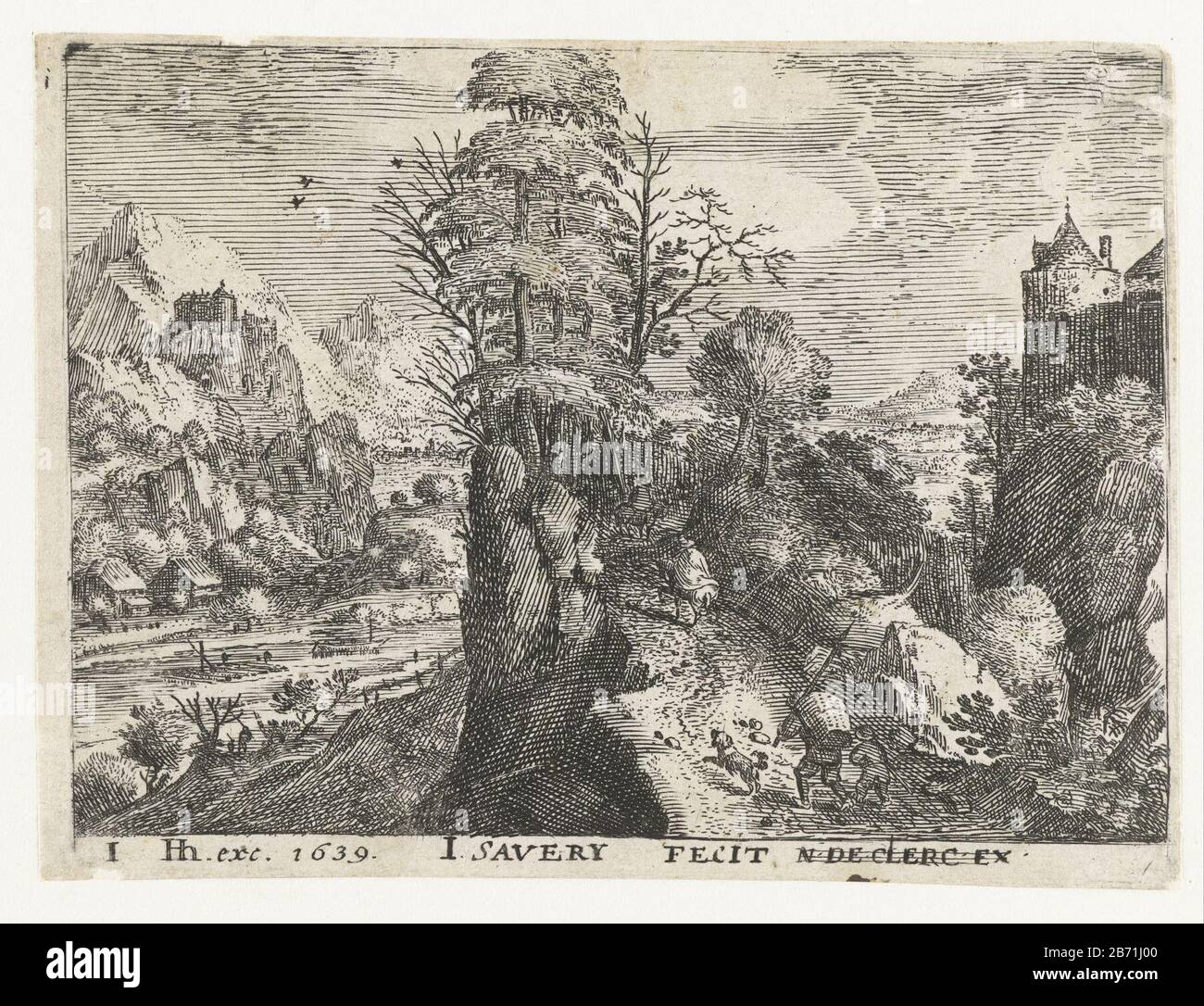 Landschap a rencontré des reizigers op steile rots Zes landschappen a rencontré des reizigers (serietitel) Dans un paysage montagneux sont deux voyageurs (un homme avec un panier sur son dos et un garçon) avec un chien sur un sentier raide derrière deux cavaliers. A gauche une rivière, à droite la tour d'un château. Ce tirage fait partie d'une série de six paysages de reizigers. Fabricant : printmaker Jacob Savery (I) (bâtiment classé) Editeur: Hendrick Hondius (I) (bâtiment classé) Lieu de fabrication: Printmaker: Pays-Bas Éditeur: La Haye Date: 1584 - 1603 et / ou 1639 Caractéristiques physiques: Gravure technique: Papier: Gravure Banque D'Images