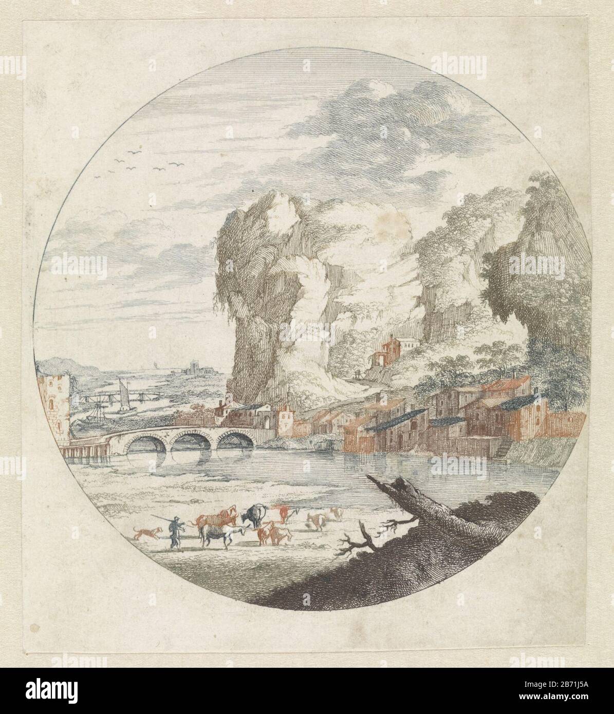 Landschap a rencontré rivier en rotsen Paysage avec une rivière et des rochers à droite. Au premier plan, un berger avec son voile. Fabricant : printmaker: Supervision anonyme Johan Teylerstraat Lieu fabrication: Pays-Bas Date: 1688 - 1698 Caractéristiques physiques: Gravure à la poupée en rouge, vert, bleu, marron et noir: Technique du papier: Gravure / à la poupée / couleur dimensions: Feuille: H 155 mm × W 137 mm Sujet: Rivière Banque D'Images