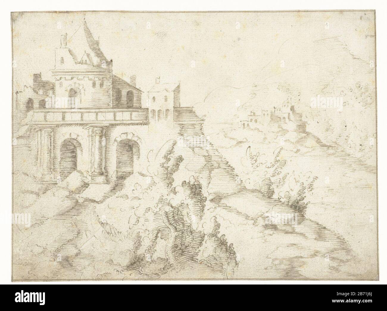 Landschap met ronde toren op een plateau Paysage avec tour circulaire sur un plateau type d'objet: Dessin Numéro d'objet: RP-T 1904-417 Fabricant : artiste: Aertgen Claesz. Van Leyden Date: 1508 - 1564 Caractéristiques physiques: Stylo et brosse en matière brune: Technologie de l'encre papier: Plume / brosse dimensions: H 163 mm × l 222 mm Banque D'Images