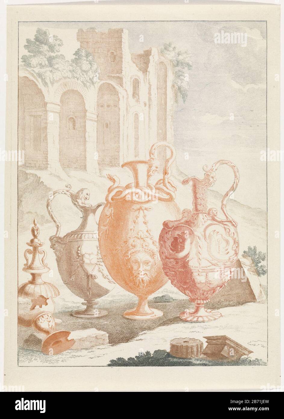Paysage en arrière-plan une ruine au premier plan trois vases ornementales et a laissé deux vazen brisé. Fabricant : printmaker: Supervision anonyme Johan Teylerstraat Lieu fabrication: Pays-Bas Date: 1688 - 1698 Caractéristiques physiques: Gravure et engrama à la poupée en rouge, bleu, vert et marron: Technique du papier: Gravure / engrama (impression) / à la poupée / couleur taille de l'impression: Feuille: H 271 mm × L 195 mm Objet : paysage avec vase ruinsvase  ornement Banque D'Images