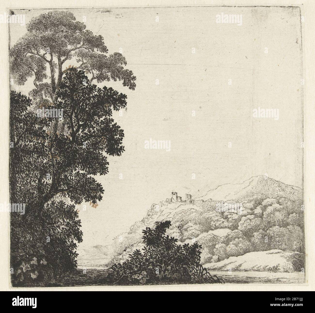Paysage avec ruines sur colline Type d'objet: Photo Numéro d'article: RP-P-BI 4924 Inscriptions / marques: Marque du collectionneur, centre inférieur inversé, gravé: Lugt 2228 A Fabricant: Graveur Jan van Brosterhuyzen (bâtiment classé) dans son dessin par Jan van BrosterhuyzenPlaats fabrication: Pays-Bas Date: 1610 - 1650 Caractéristiques physiques: Matière de gravure: Technique: Papier: Dimensions de gravure: Bord de la plaque: H 151 mm × W 158 mm Objet: Paysage avec ruine Banque D'Images