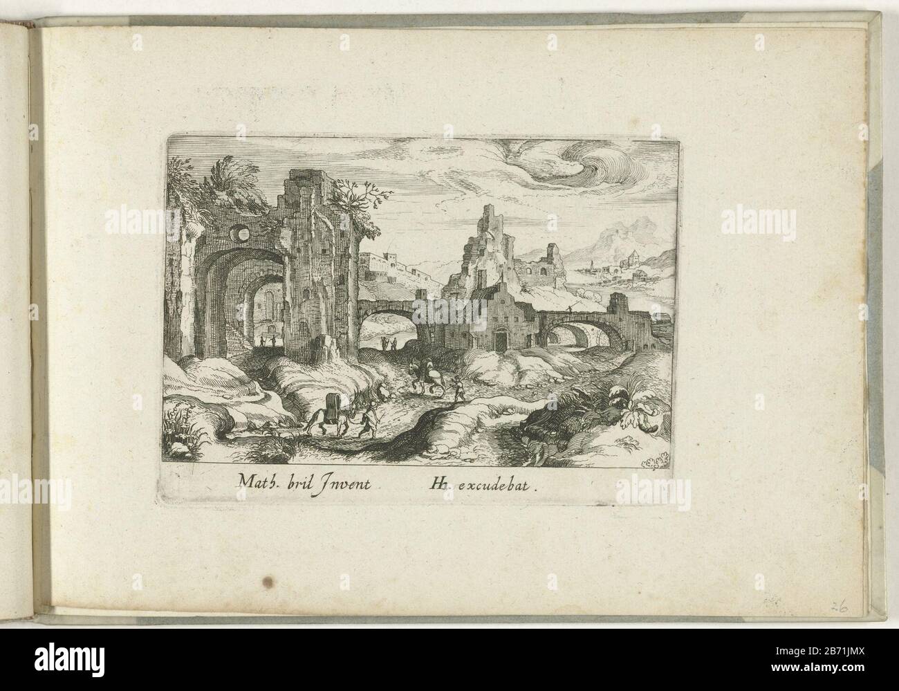 Paysage avec ruines de bâtiments et pont. Au premier plan, un homme avec une âne avec une litière et un pilote de âne chargé. . Fabricant : printmaker Simon Frisiusnaar dessin: Matthijs Bril (bâtiment classé) Editeur: Hendrick Hondius (bâtiment classé) Date: 1614 matériau: Technique du papier: Gravure Dimensions: H 106 mm × W 158 mm Objet: Rivière Banque D'Images